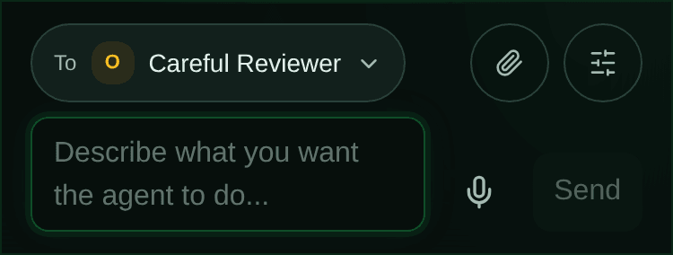 The new-chat composer at phone width. A To control names the chosen profile, Careful Reviewer, with attach and chat-option buttons beside it and the message box below.