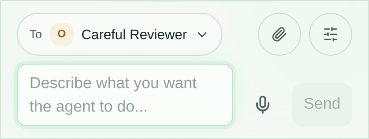 The new-chat composer at phone width. A To control names the chosen profile, Careful Reviewer, with attach and chat-option buttons beside it and the message box below.