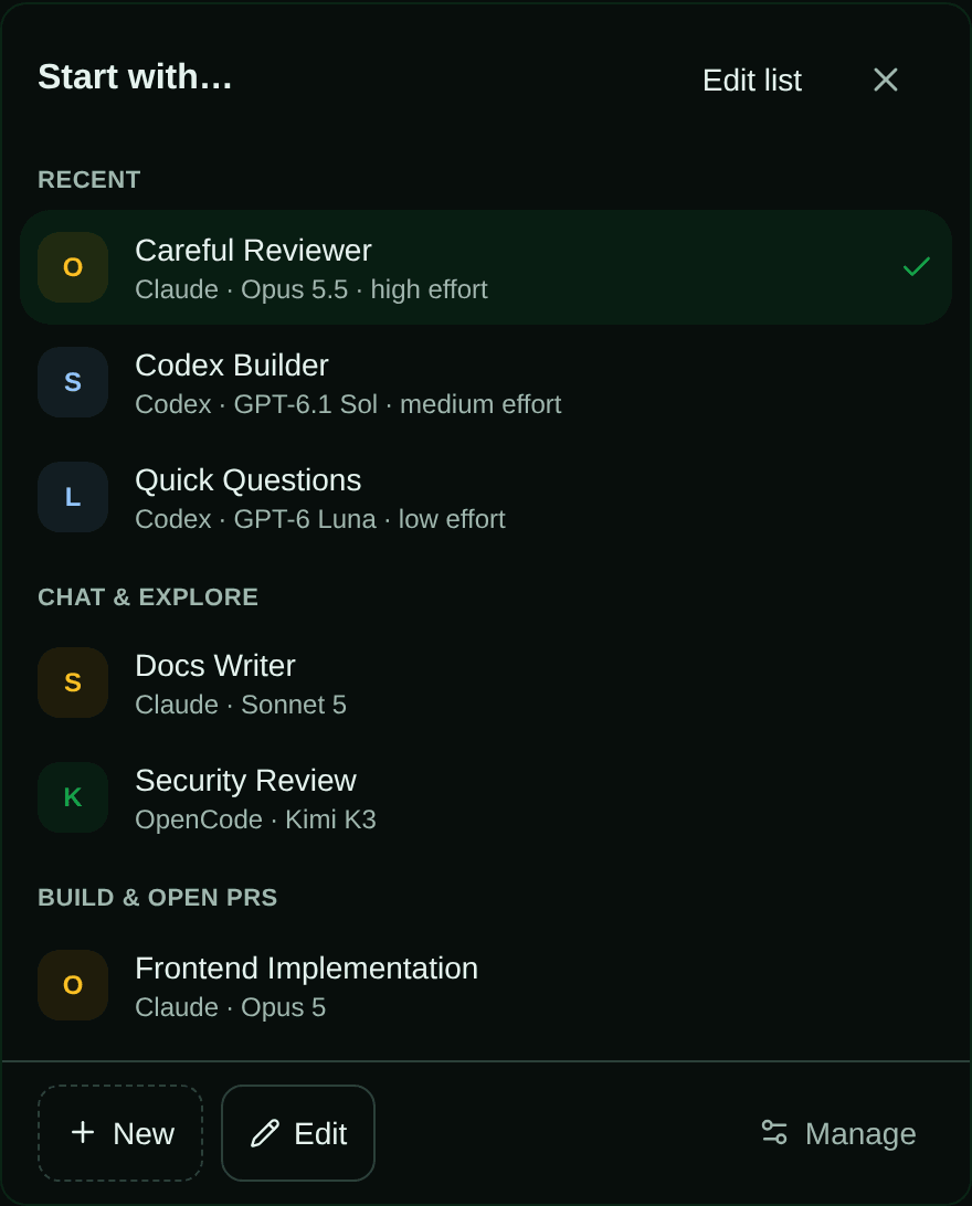 The profile picker. A Recent section lists Careful Reviewer, checked as the current choice, then Codex Builder and Quick Questions. Sections for chatting and exploring, and for building and opening pull requests, follow.