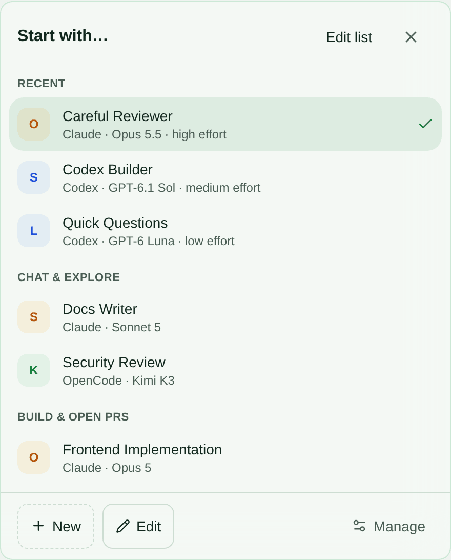 The profile picker. A Recent section lists Careful Reviewer, checked as the current choice, then Codex Builder and Quick Questions. Sections for chatting and exploring, and for building and opening pull requests, follow.