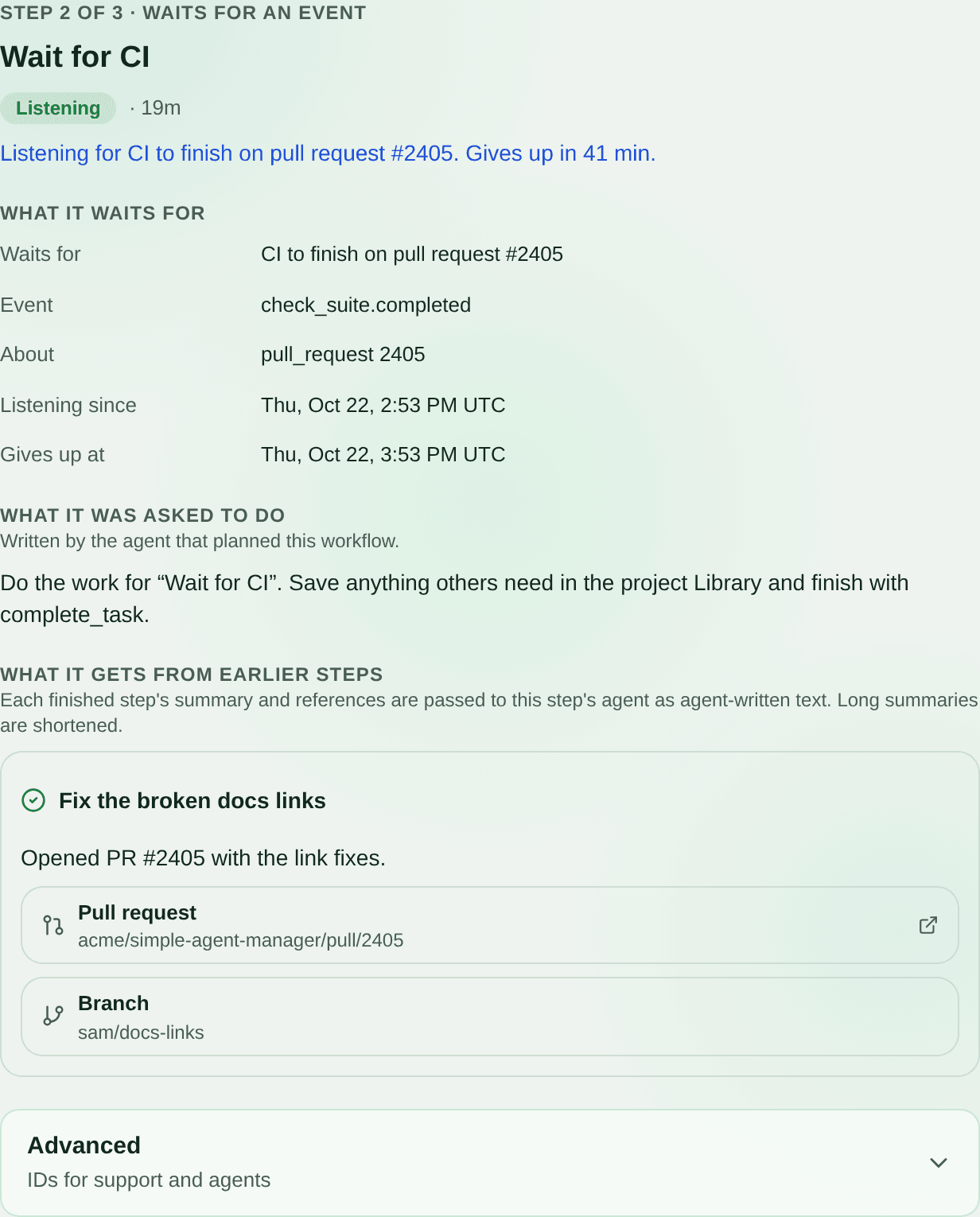 The Wait for CI workflow step is listening for the check_suite.completed event on pull request 2405. Its timeout is shown, along with the earlier step that opened the pull request.