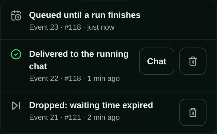 Recent GitHub automation events: issue 118 is queued, another event for issue 118 was delivered to its running chat, and issue 121 expired while waiting.