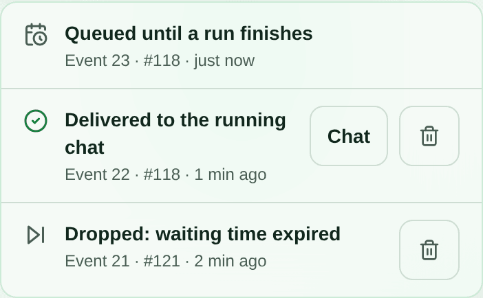 Recent GitHub automation events: issue 118 is queued, another event for issue 118 was delivered to its running chat, and issue 121 expired while waiting.