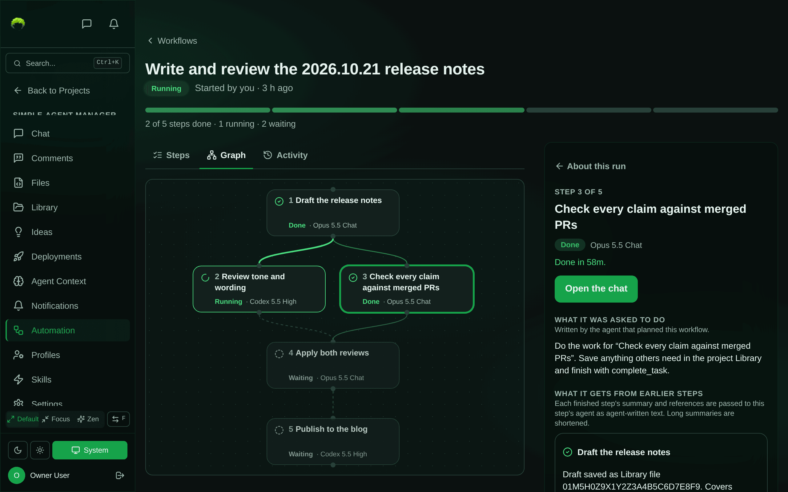 A running workflow on a wide screen: five steps in a graph, with the third step selected. Beside the graph, the step's details: done in 58 minutes by Opus 5.5 Chat, an "Open the chat" button, what it was asked to do, and what it got from the earlier step.