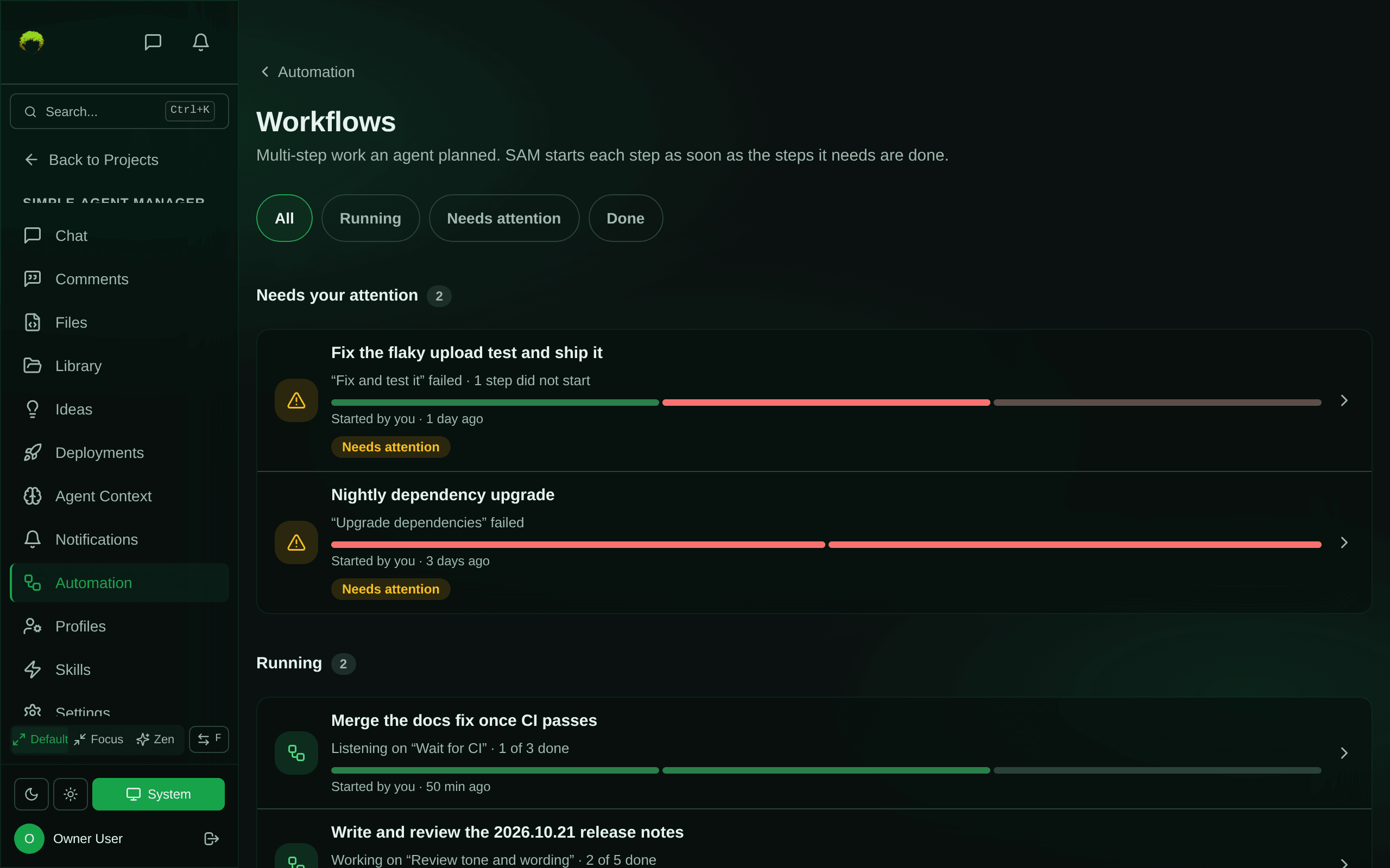 The Workflows page: All, Running, Needs attention and Done filters; under "Needs your attention", two runs that say which step failed, each with a progress bar; under "Running", a run listening for CI and a run working on a review step.