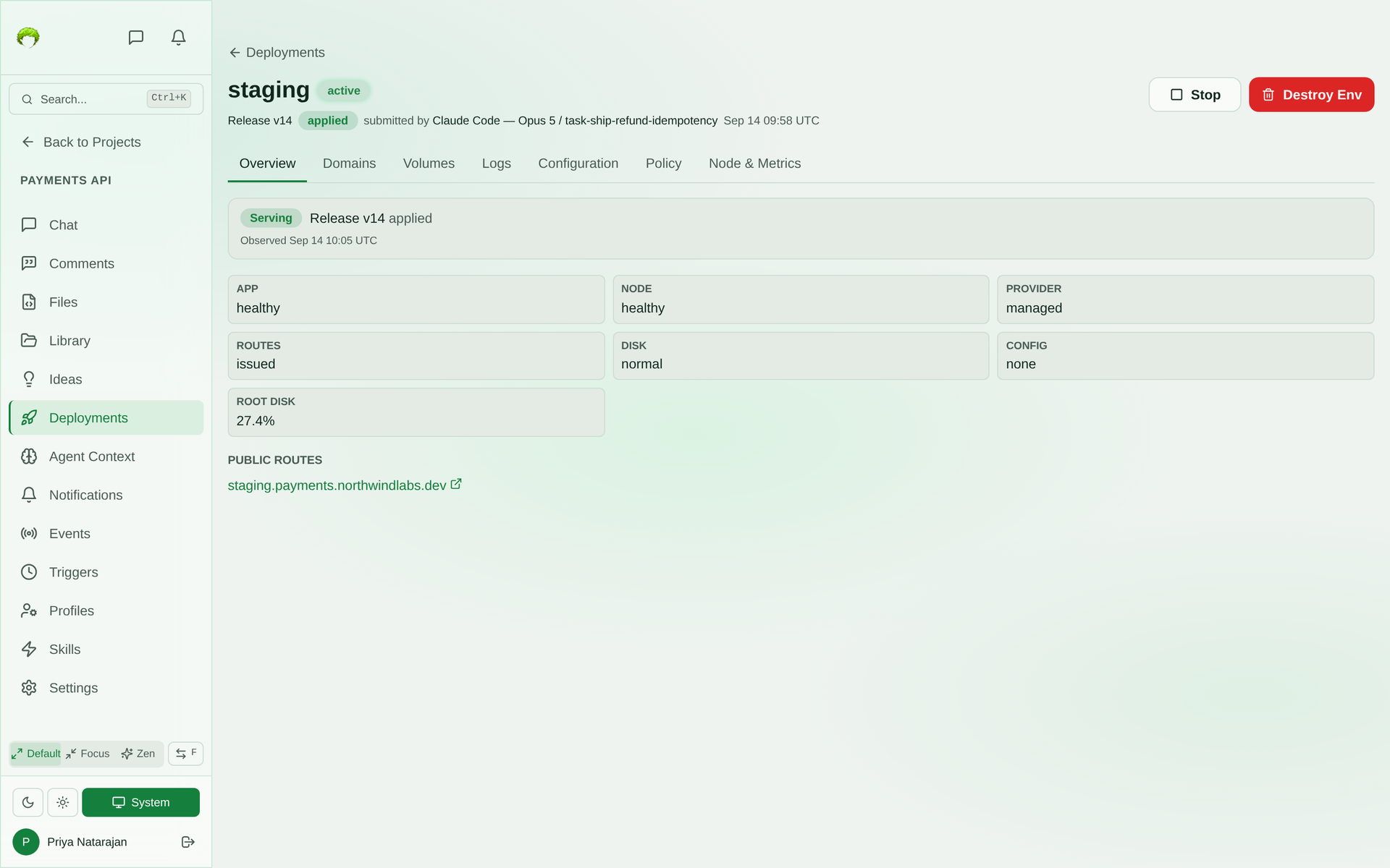 Deployment environment detail for staging showing release v14 applied and submitted by an agent task, health checks for app, node, provider, routes, disk, and config, and a public route