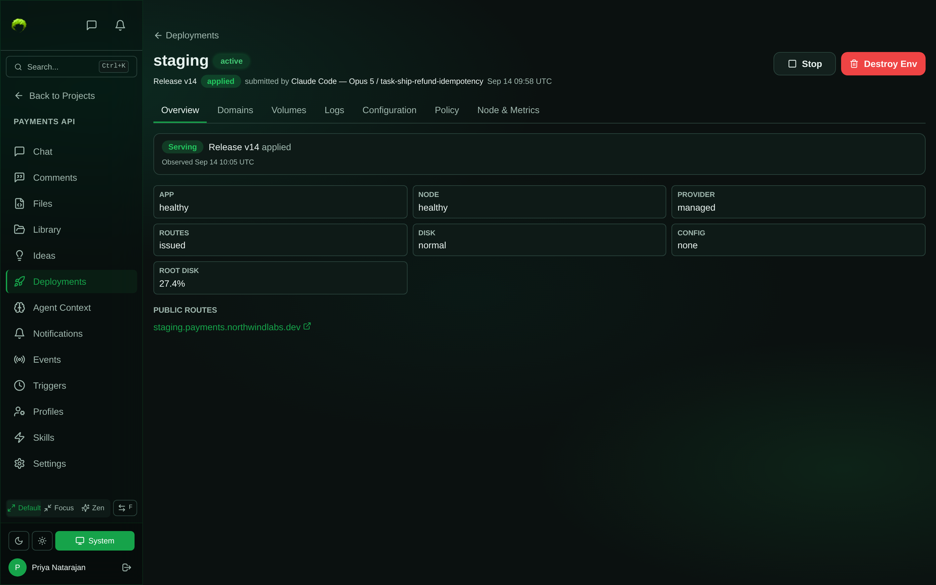Deployment environment detail for staging showing release v14 applied and submitted by an agent task, health checks for app, node, provider, routes, disk, and config, and a public route
