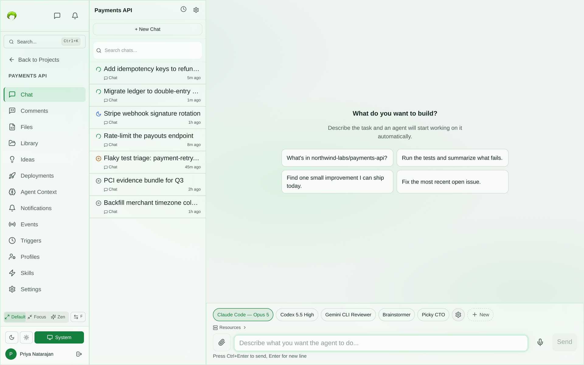 Project chat with no session selected: a What do you want to build composer with four starter prompts, an agent profile bar listing Claude Code — Opus 5, Codex 5.5 High, Gemini CLI Reviewer, Brainstormer, and Picky CTO, and a sidebar of seven sessions