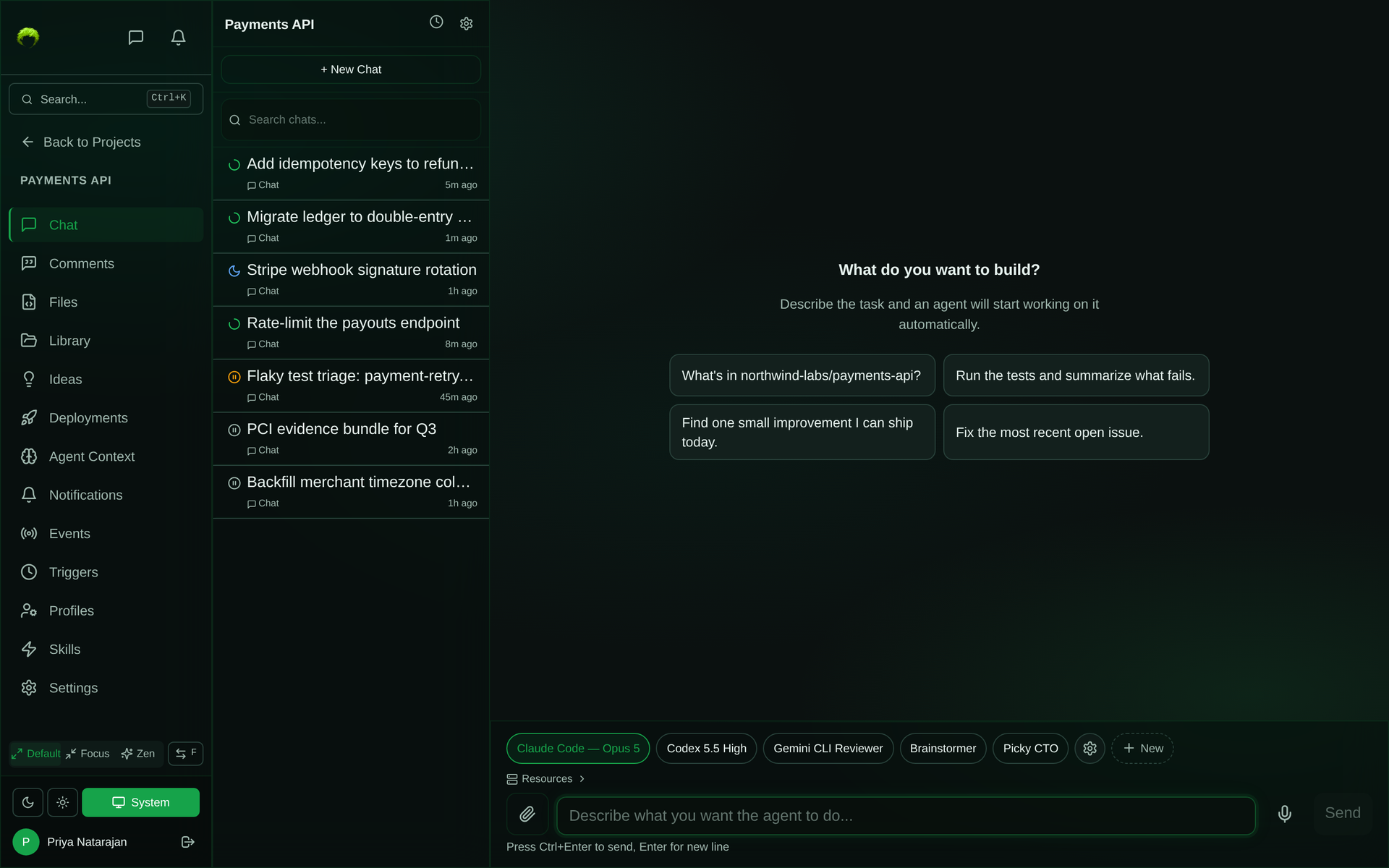 Project chat with no session selected: a What do you want to build composer with four starter prompts, an agent profile bar listing Claude Code — Opus 5, Codex 5.5 High, Gemini CLI Reviewer, Brainstormer, and Picky CTO, and a sidebar of seven sessions