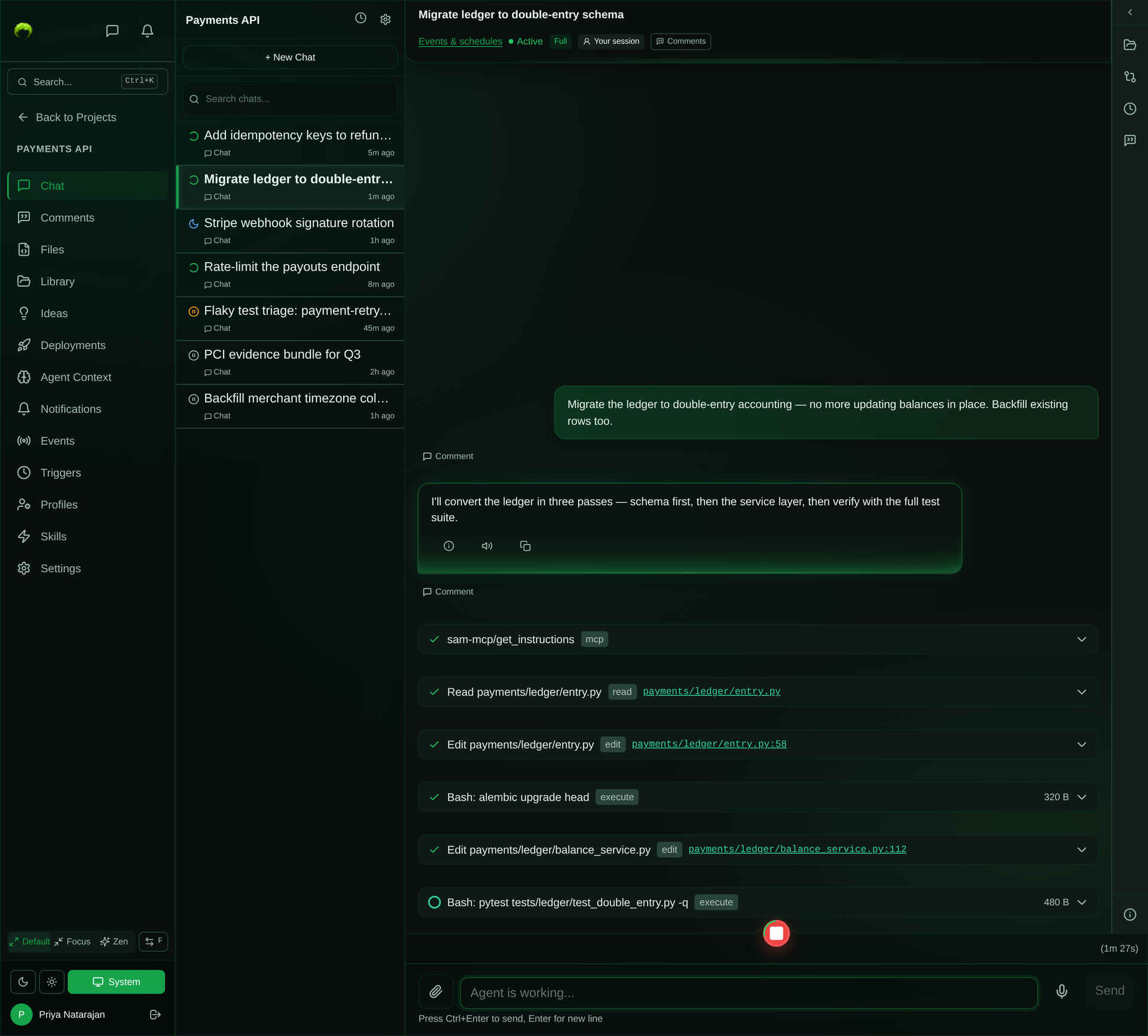 Live chat session showing a user prompt, the agent's plan, and six tool rows: an MCP get_instructions call, Read and Edit file rows with paths, an alembic upgrade command, and a running pytest command with a stop button