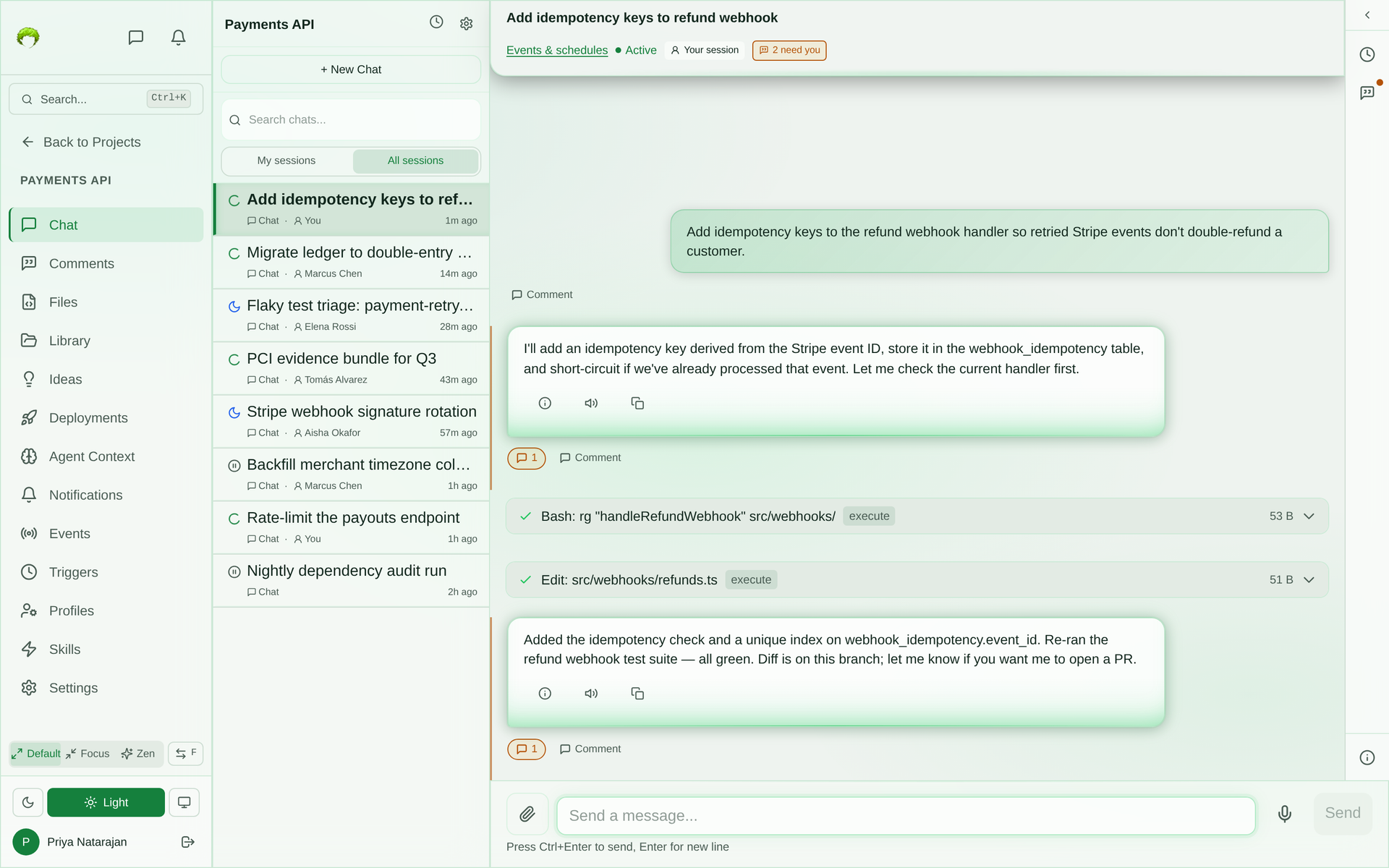 Project chat with the All sessions filter selected, listing eight sessions started by five different team members, each labelled with who started it