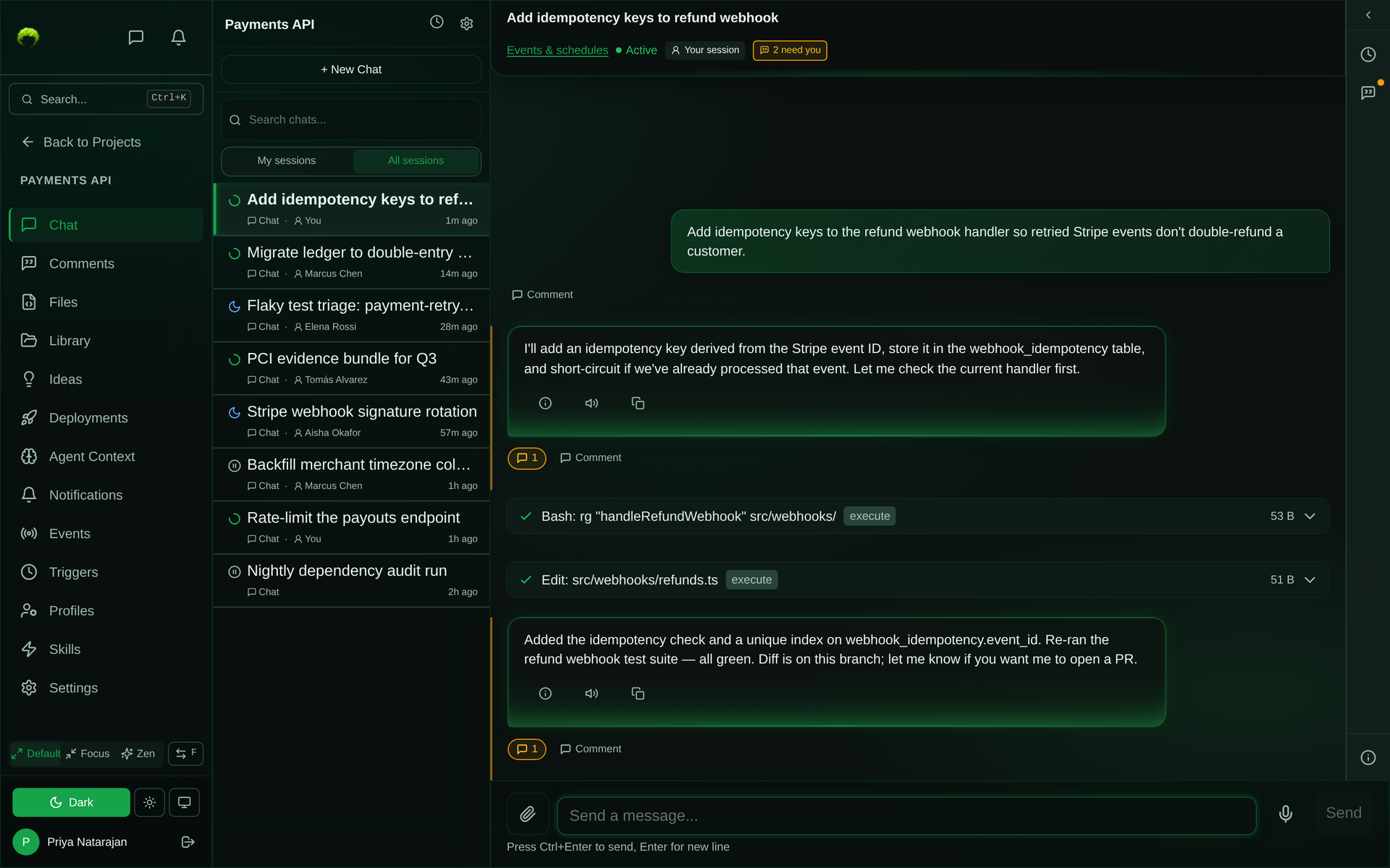 Project chat with the All sessions filter selected, listing eight sessions started by five different team members, each labelled with who started it
