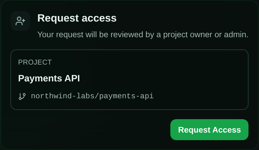 The Request Access card a recipient sees after opening a project invite link