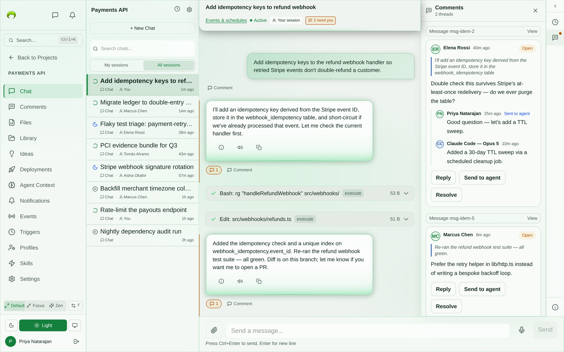 Desktop comment rail beside a chat conversation showing a thread anchored to a quoted sentence, with human replies, an agent reply, and send-to-agent and resolve controls