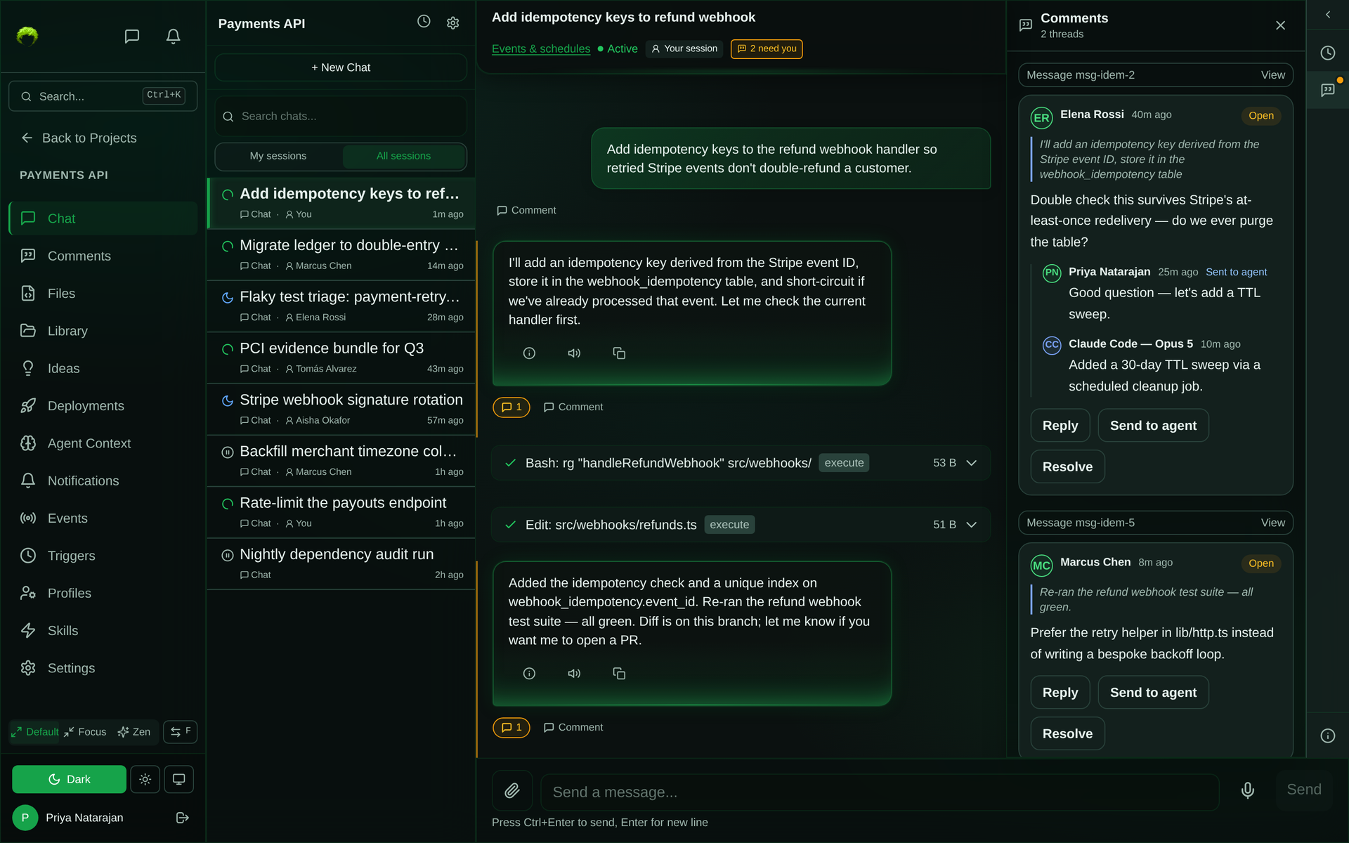 Desktop comment rail beside a chat conversation showing a thread anchored to a quoted sentence, with human replies, an agent reply, and send-to-agent and resolve controls