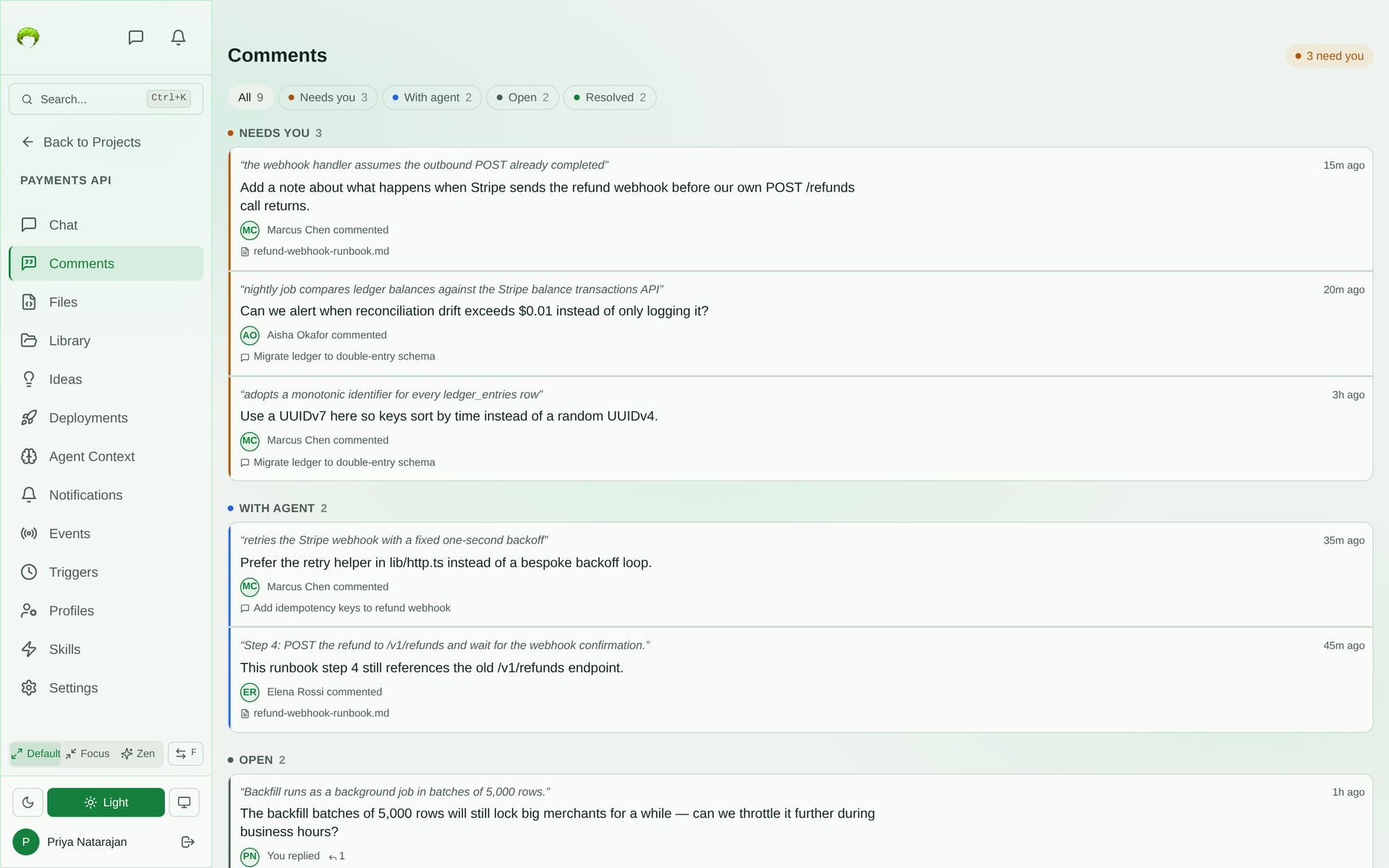 Project Comments page with filter chips for All, Needs you, With agent, Open, and Resolved, listing threads from chat sessions and library files grouped by whether they are waiting on you
