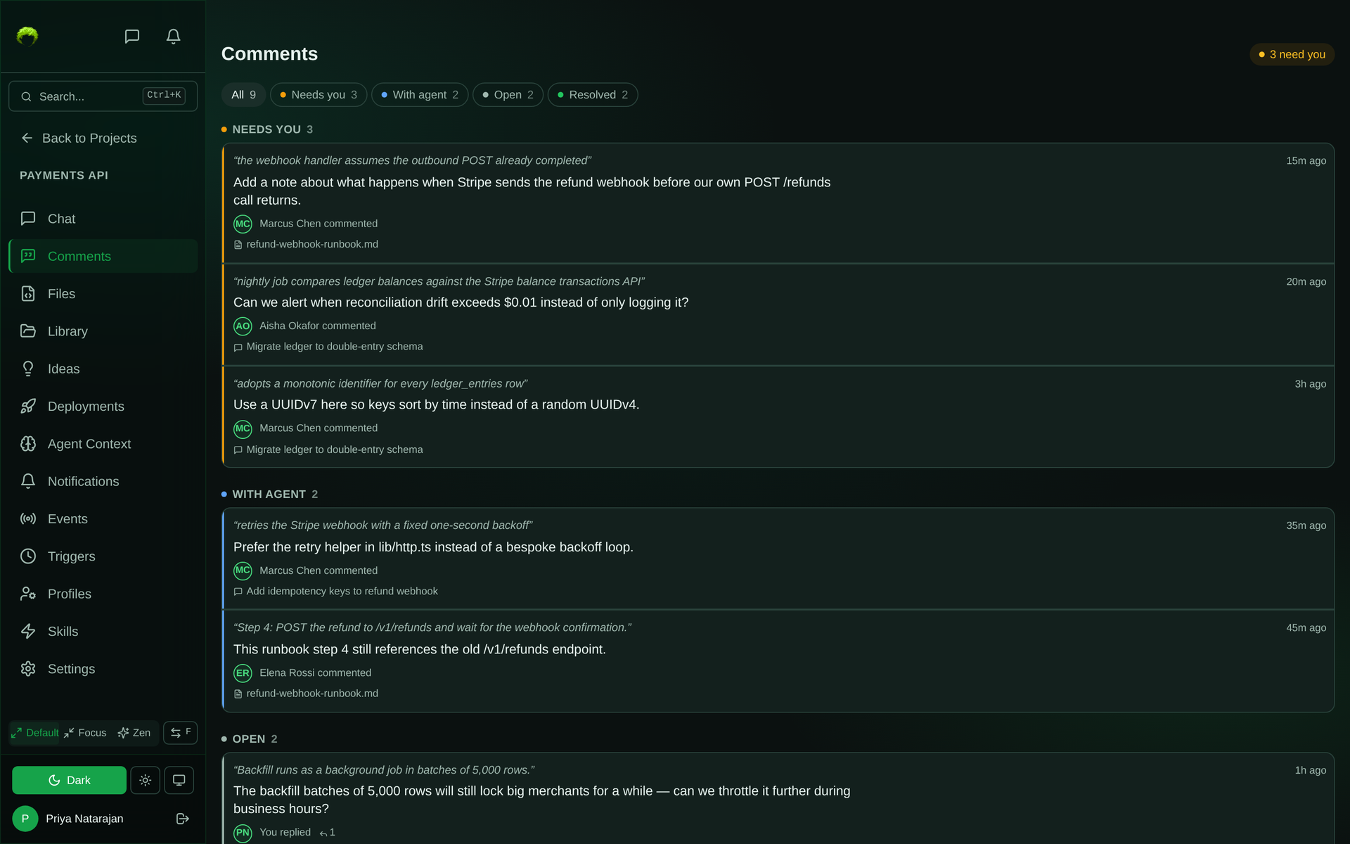 Project Comments page with filter chips for All, Needs you, With agent, Open, and Resolved, listing threads from chat sessions and library files grouped by whether they are waiting on you