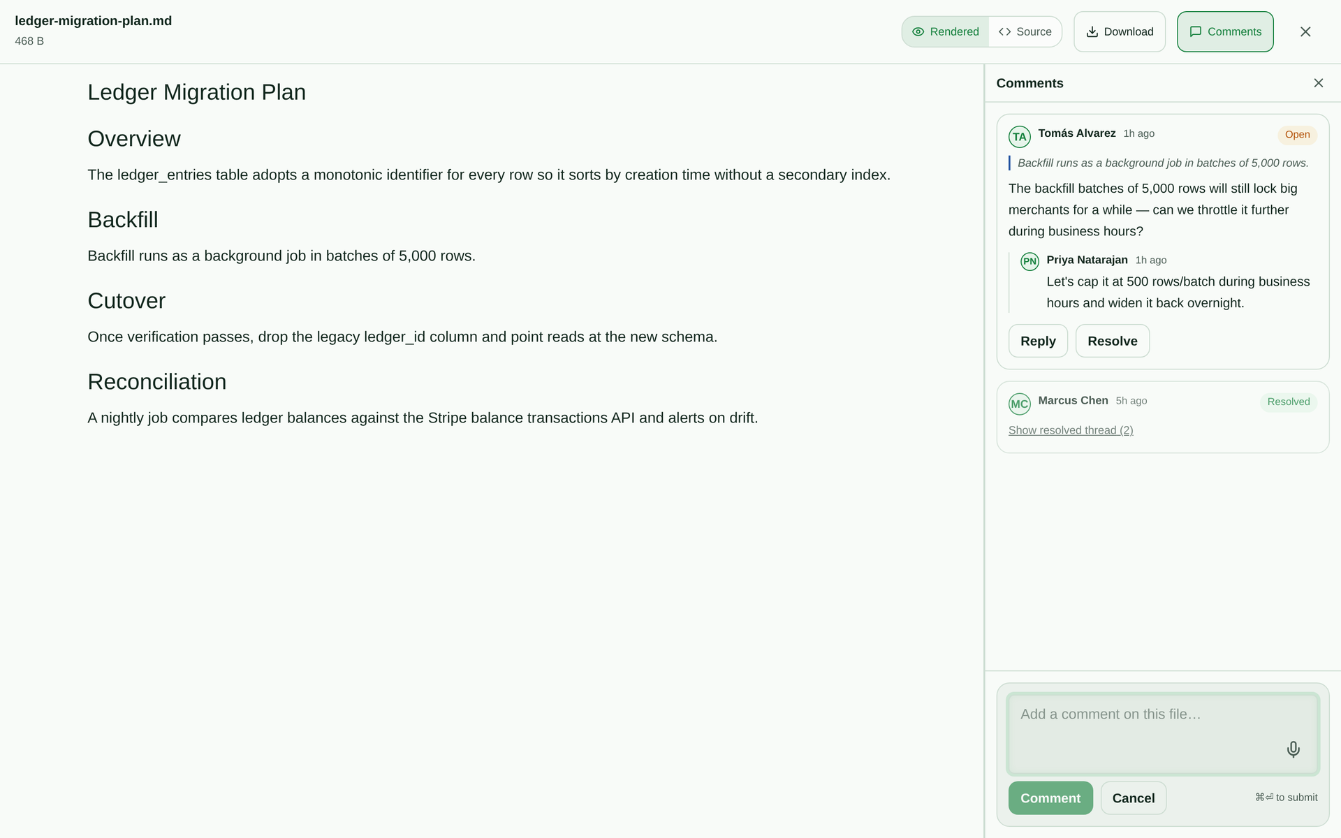 Library markdown file preview with a comment panel showing an open thread that quotes a line of the document, a reply, Reply and Resolve buttons, and a resolved thread