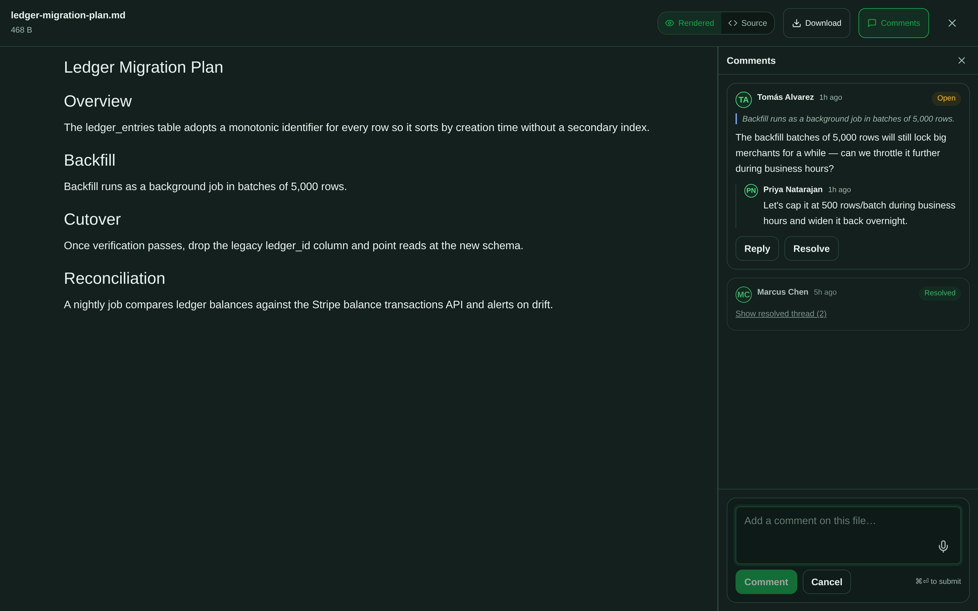Library markdown file preview with a comment panel showing an open thread that quotes a line of the document, a reply, Reply and Resolve buttons, and a resolved thread