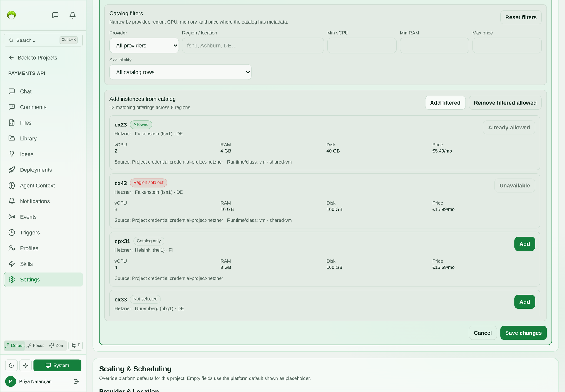 Catalog filters for provider, region, minimum vCPU, minimum RAM, maximum price, and availability above the Add instances from catalog list, where Hetzner offerings are marked Already allowed, Region sold out, Catalog only with an Add button, or Not selected