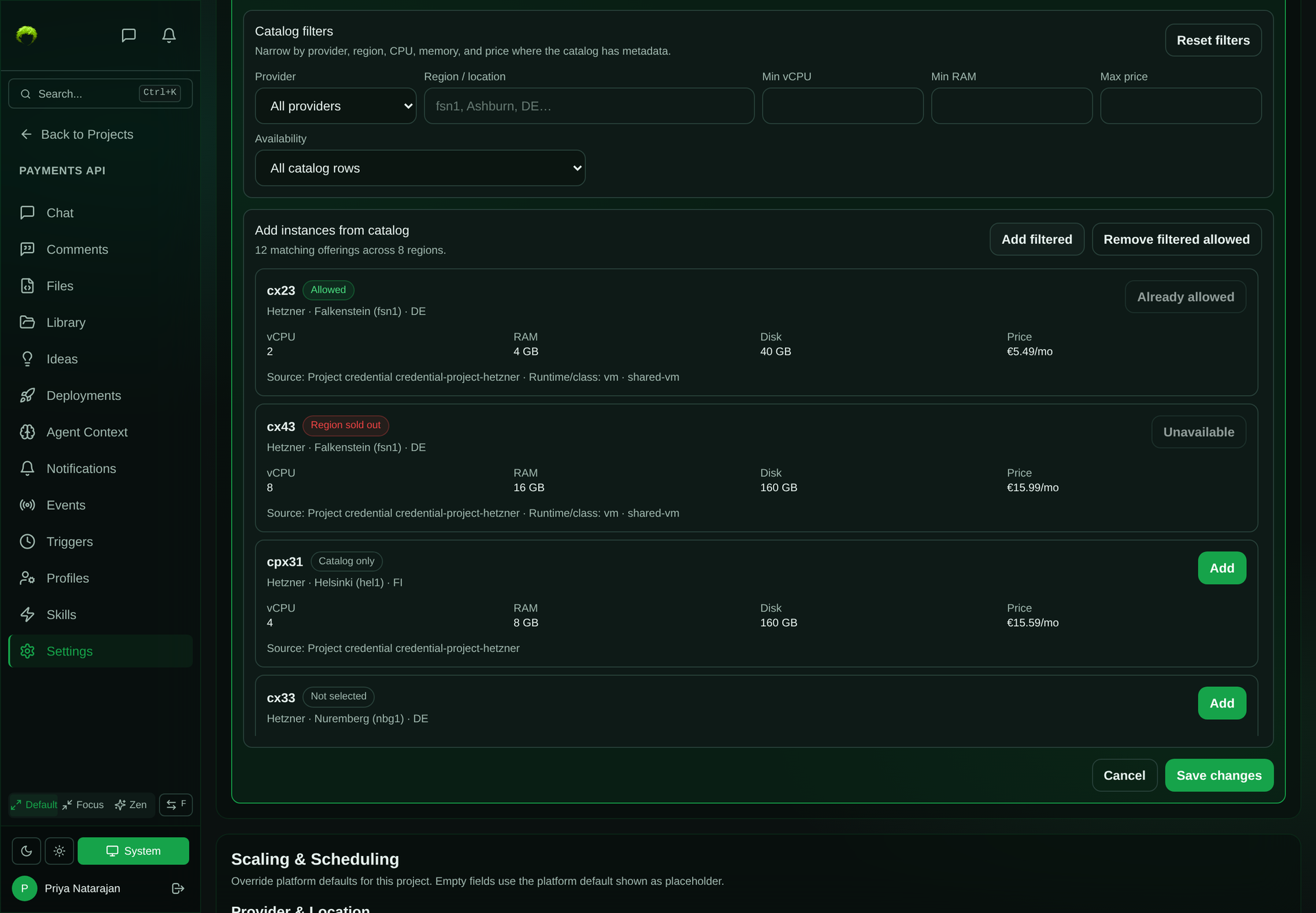 Catalog filters for provider, region, minimum vCPU, minimum RAM, maximum price, and availability above the Add instances from catalog list, where Hetzner offerings are marked Already allowed, Region sold out, Catalog only with an Add button, or Not selected