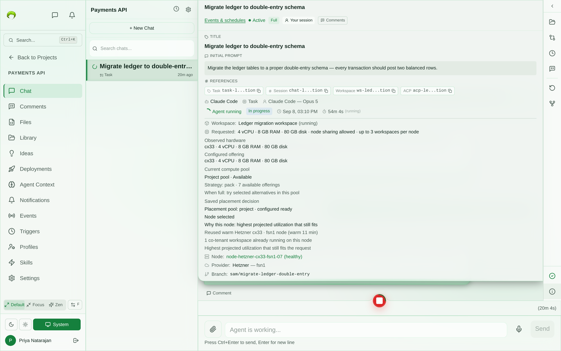Chat session details showing the requested vCPU, memory, and disk, the observed and configured hardware, the current compute pool with its strategy, and a saved placement decision explaining why a warm Hetzner node was reused