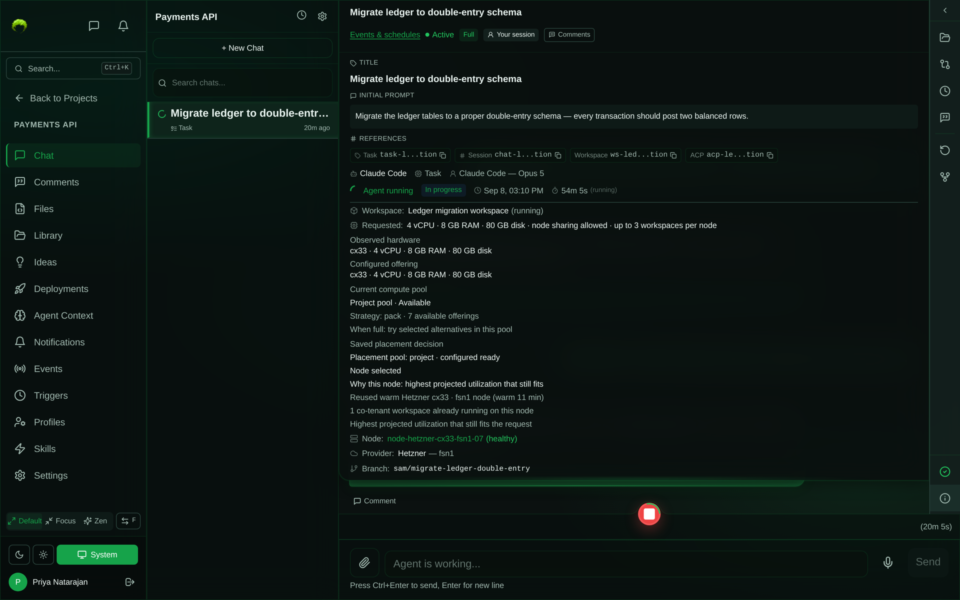 Chat session details showing the requested vCPU, memory, and disk, the observed and configured hardware, the current compute pool with its strategy, and a saved placement decision explaining why a warm Hetzner node was reused