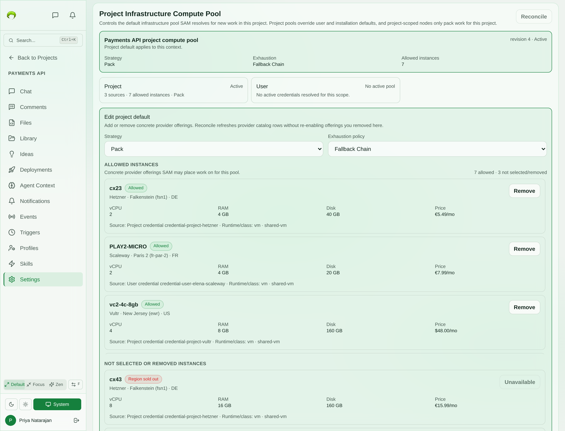 Project Infrastructure compute pool editor showing a pool with strategy Pack, exhaustion policy Fallback Chain, three sources and seven allowed instances, with allowed offerings from Hetzner, Scaleway, and Vultr listing vCPU, RAM, disk, location, and monthly price, and a sold-out Hetzner offering marked unavailable