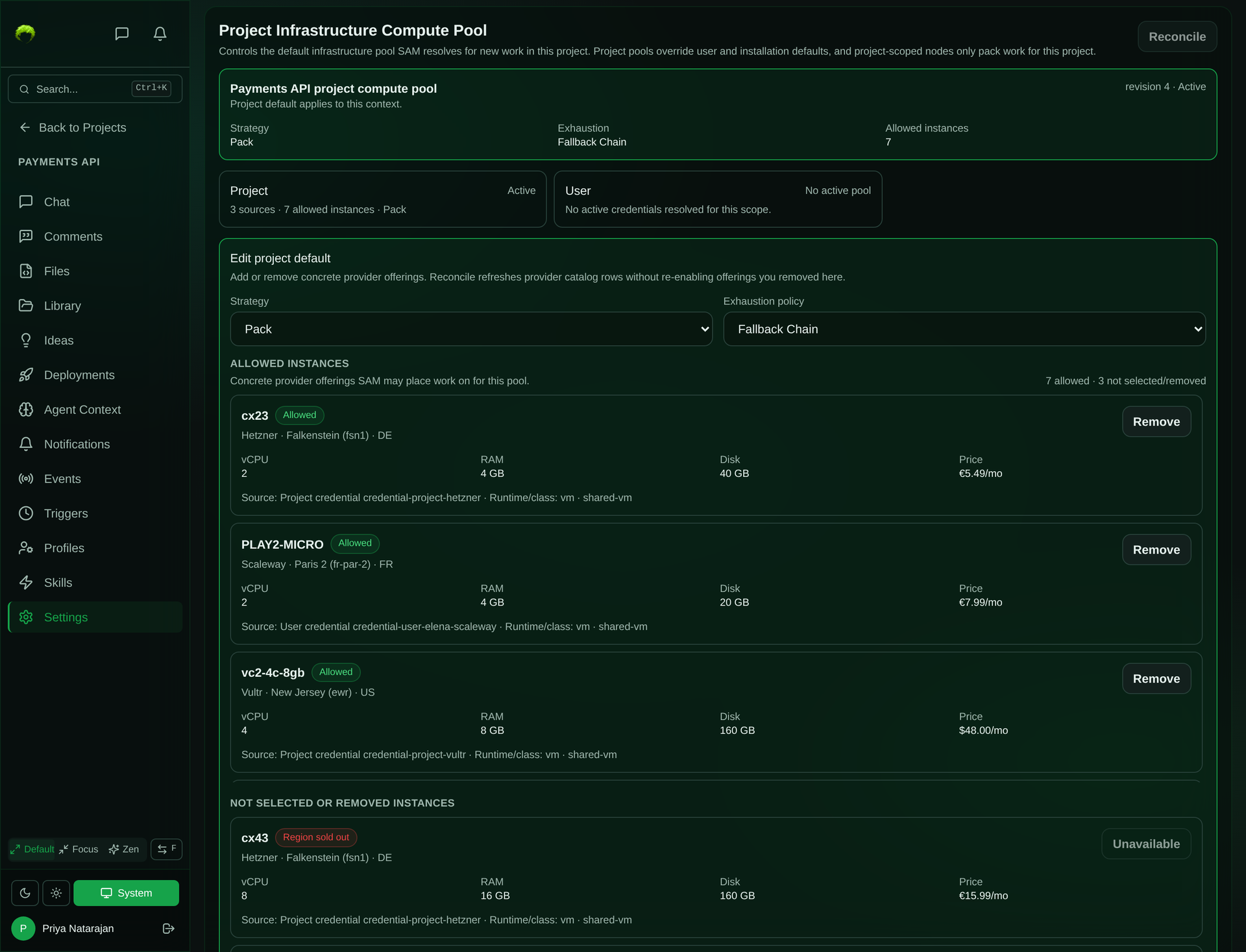 Project Infrastructure compute pool editor showing a pool with strategy Pack, exhaustion policy Fallback Chain, three sources and seven allowed instances, with allowed offerings from Hetzner, Scaleway, and Vultr listing vCPU, RAM, disk, location, and monthly price, and a sold-out Hetzner offering marked unavailable