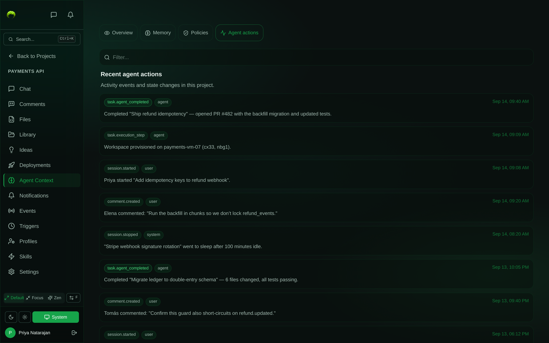 Agent actions tab showing a timestamped feed of task.agent_completed, task.execution_step, session.started, comment.created, and session.stopped events with their session topics
