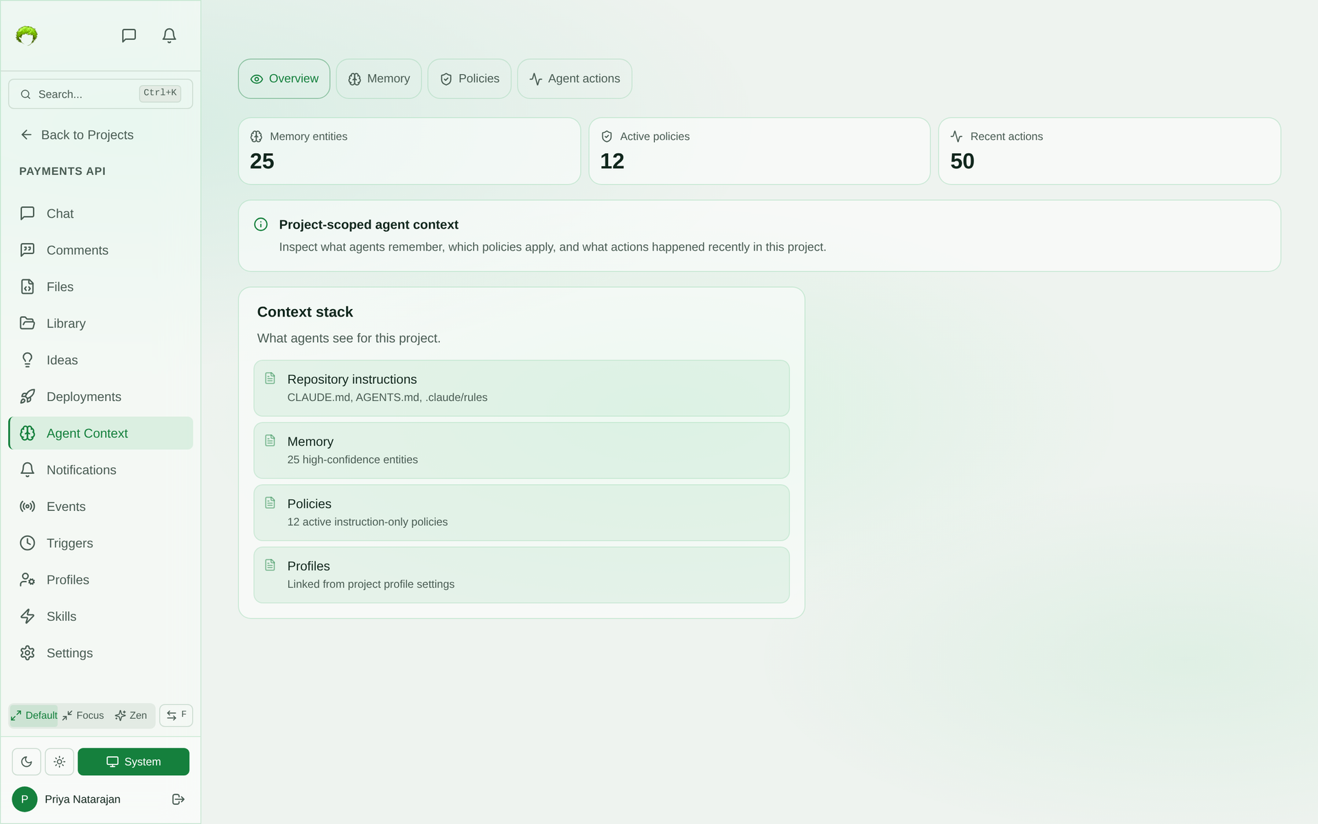 Agent Context overview showing 25 memory entities, 12 active policies, and 50 recent actions, with the context stack agents receive: repository instructions, memory, policies, and profiles