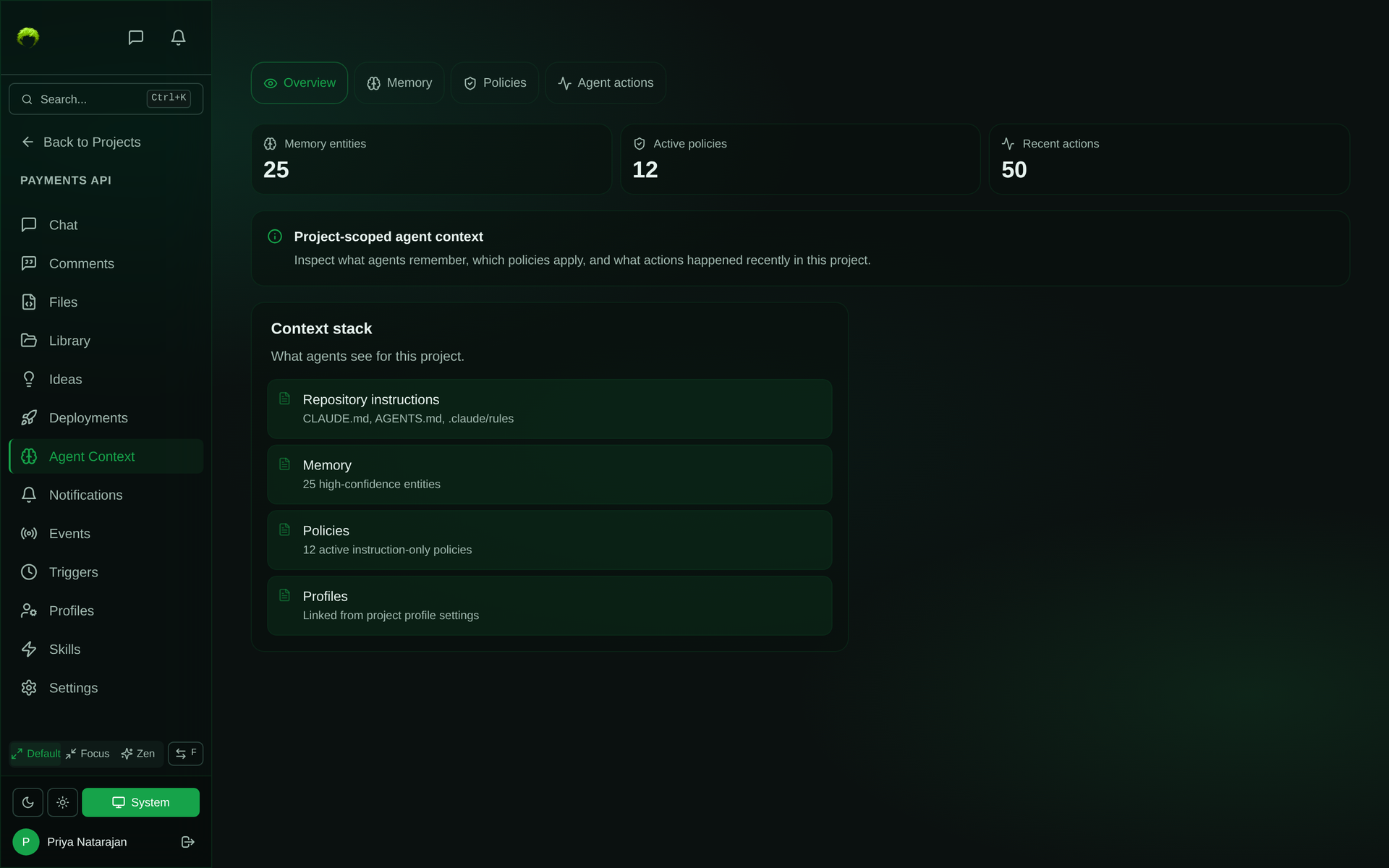 Agent Context overview showing 25 memory entities, 12 active policies, and 50 recent actions, with the context stack agents receive: repository instructions, memory, policies, and profiles