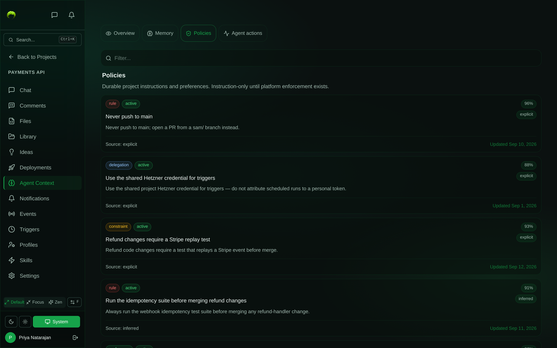 Policies tab listing project policies such as Never push to main and Refund changes require a Stripe replay test, each tagged rule, constraint, or delegation with a confidence and marked instruction-only