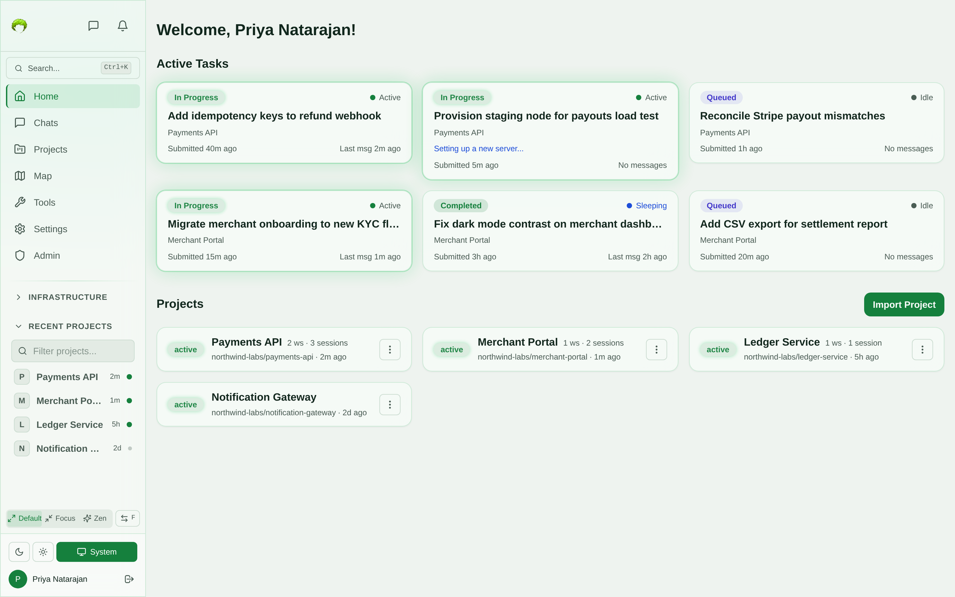 Dashboard with an Active Tasks grid of six task cards across Payments API and Merchant Portal showing In Progress, Queued, and Completed status with submitted and last-message timing, and a Projects grid with workspace and session counts