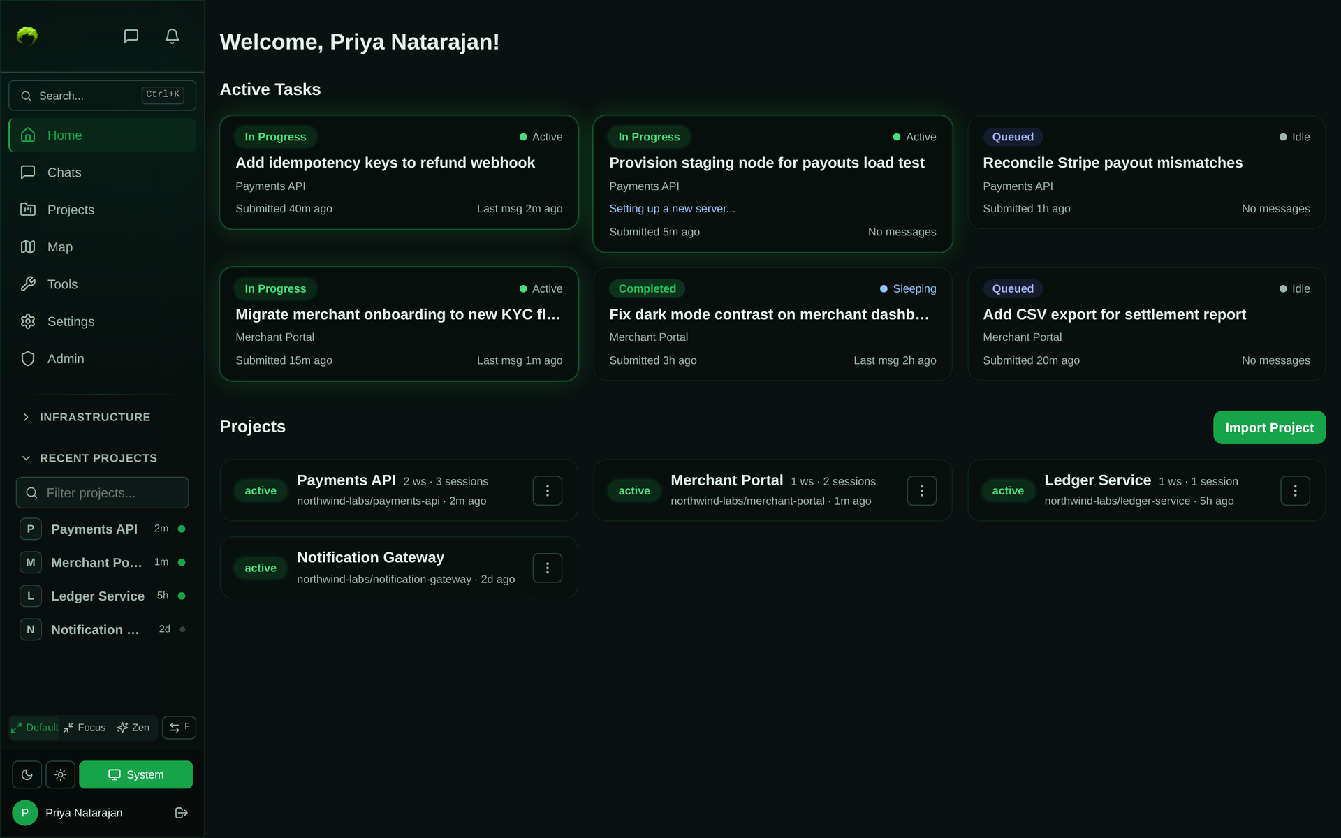 Dashboard with an Active Tasks grid of six task cards across Payments API and Merchant Portal showing In Progress, Queued, and Completed status with submitted and last-message timing, and a Projects grid with workspace and session counts