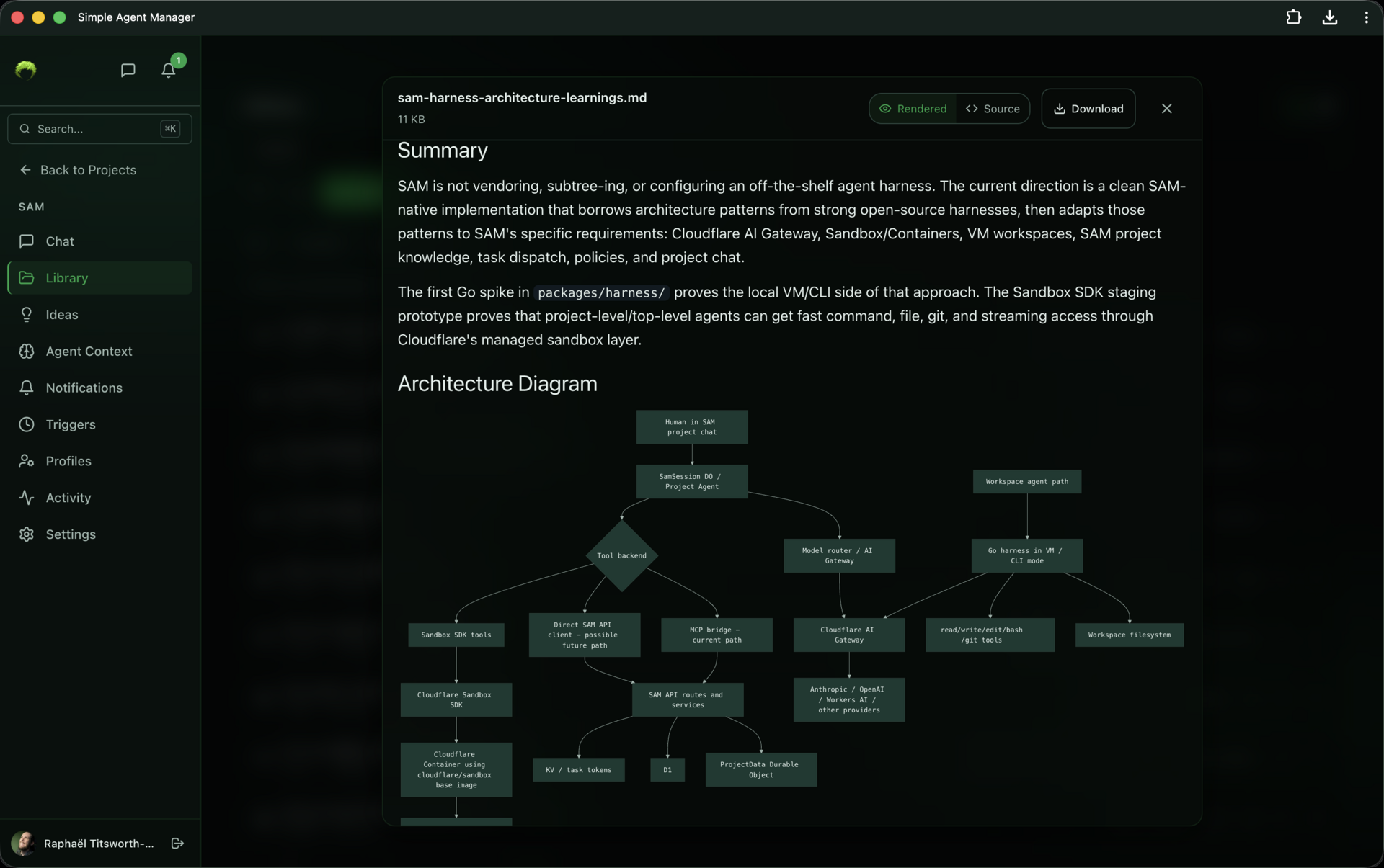 Document viewer rendering a markdown file with a Mermaid architecture diagram, plus Rendered/Source/Download toggle buttons
