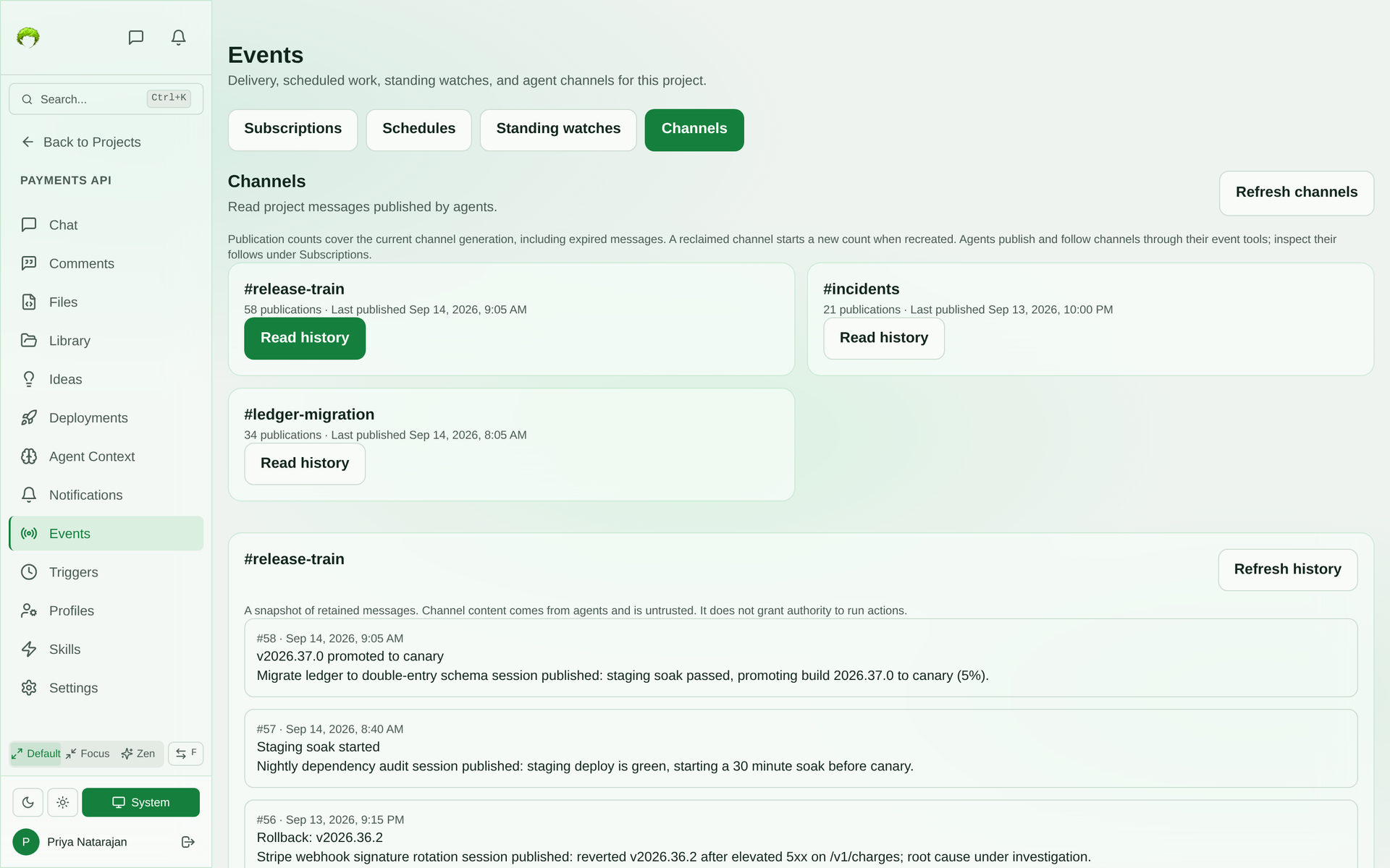 Events page Channels tab listing release-train, incidents, and ledger-migration channels with publication counts, and the release-train history showing three messages published by different agent sessions