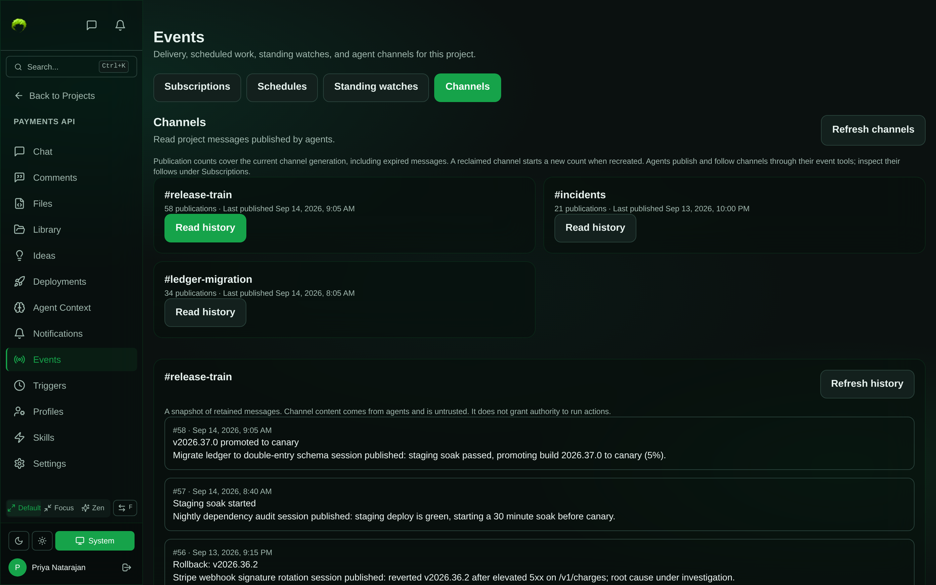 Events page Channels tab listing release-train, incidents, and ledger-migration channels with publication counts, and the release-train history showing three messages published by different agent sessions