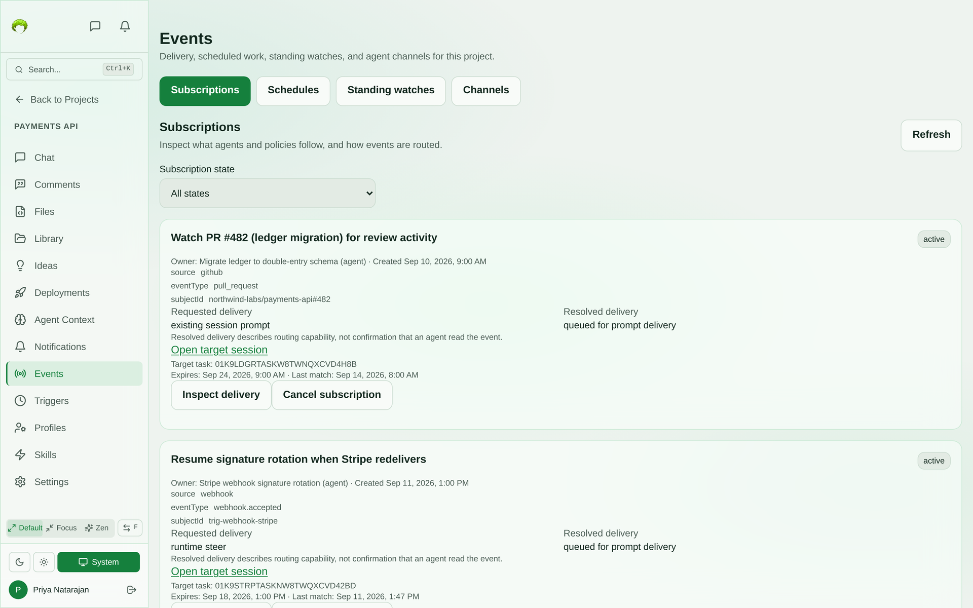 Events page listing agent event subscriptions, each showing its source and event type, the requested delivery mode next to the resolved delivery mode, expiry, last match, and Inspect delivery and Cancel subscription controls
