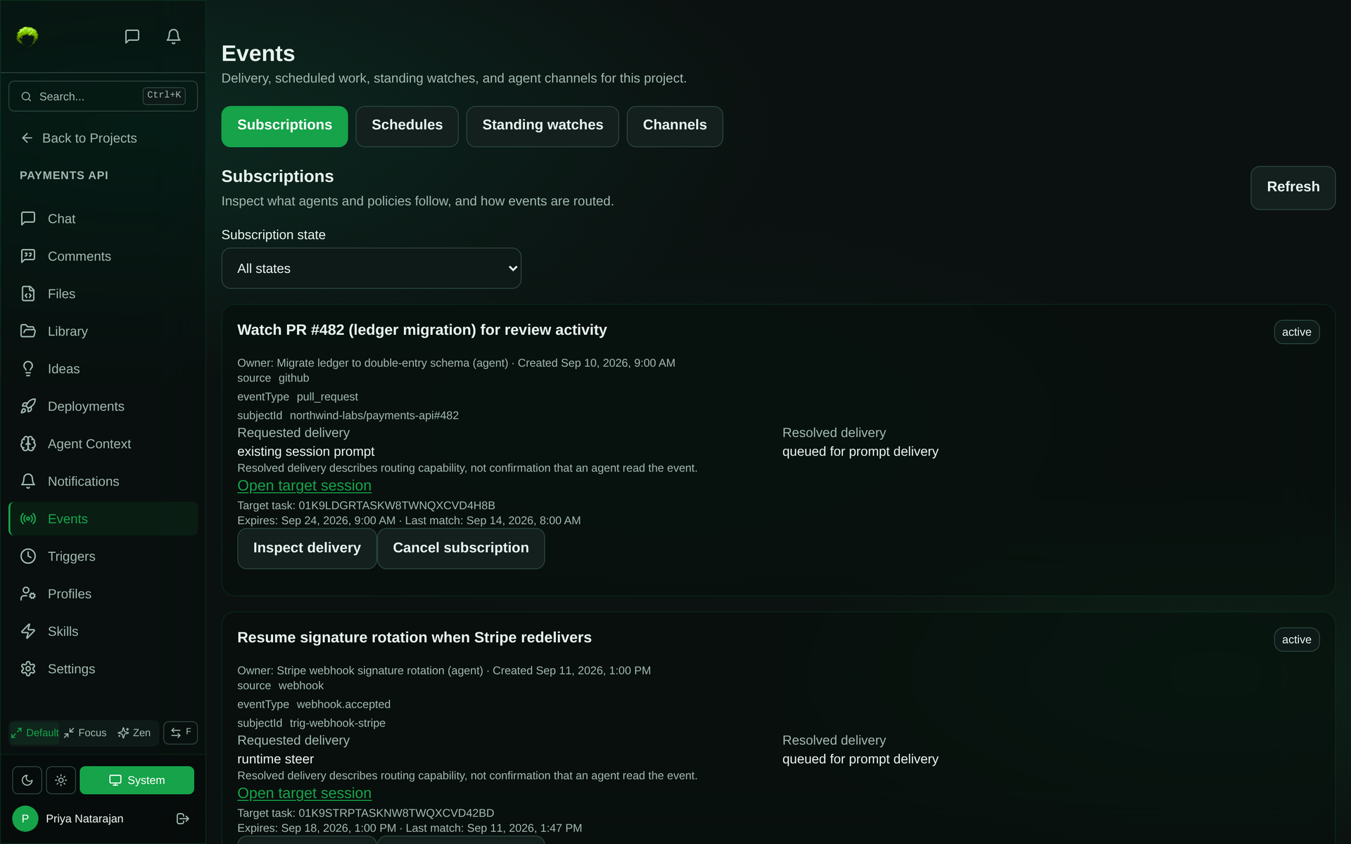 Events page listing agent event subscriptions, each showing its source and event type, the requested delivery mode next to the resolved delivery mode, expiry, last match, and Inspect delivery and Cancel subscription controls