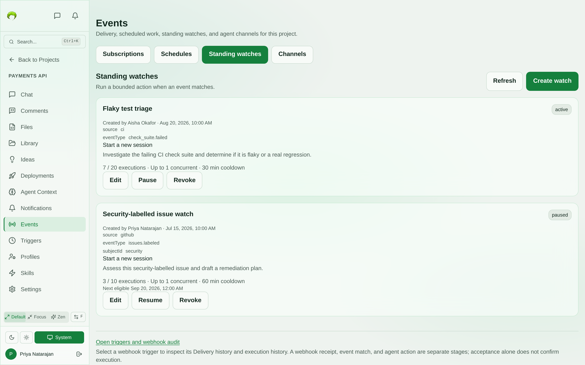 Standing watches page showing an active watch that starts a new session when a CI check suite fails, with 7 of 20 executions used, one concurrent run, and a 30 minute cooldown, plus a paused watch on security-labelled issues
