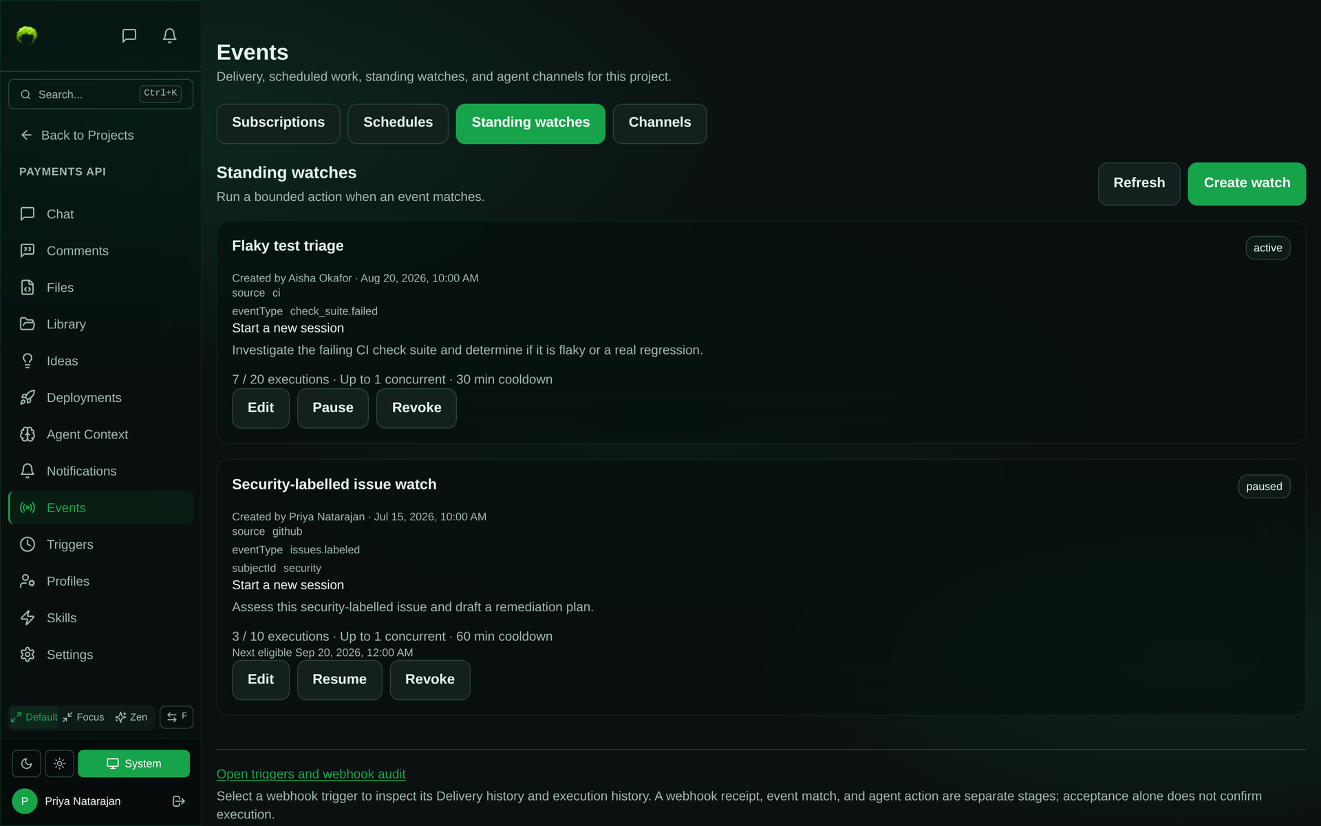 Standing watches page showing an active watch that starts a new session when a CI check suite fails, with 7 of 20 executions used, one concurrent run, and a 30 minute cooldown, plus a paused watch on security-labelled issues