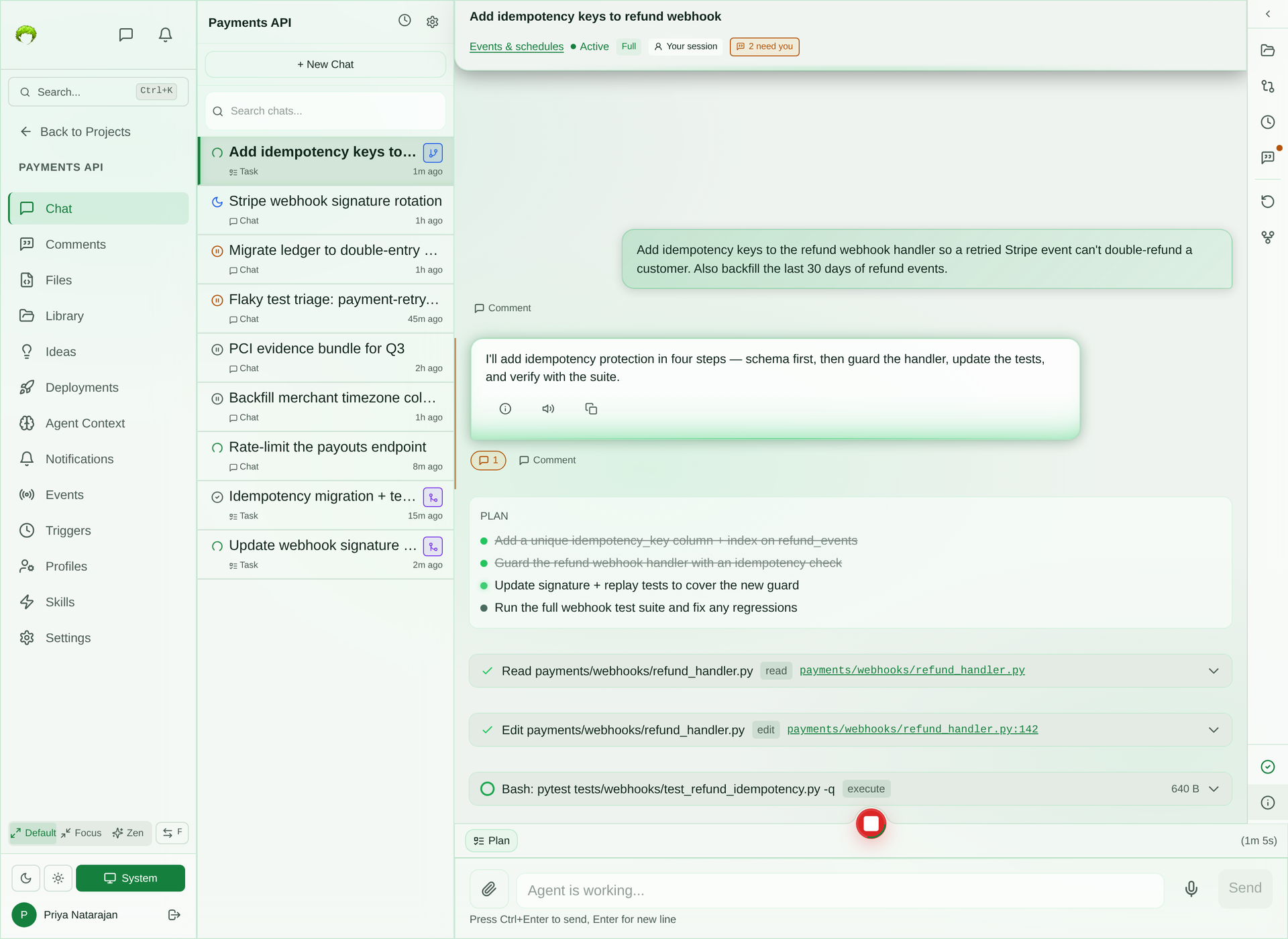 A busy SAM project chat showing a user prompt, the agent’s plan, grouped tool calls, header chips for comments, infrastructure, and task status, a profile bar, and a session sidebar with several topics