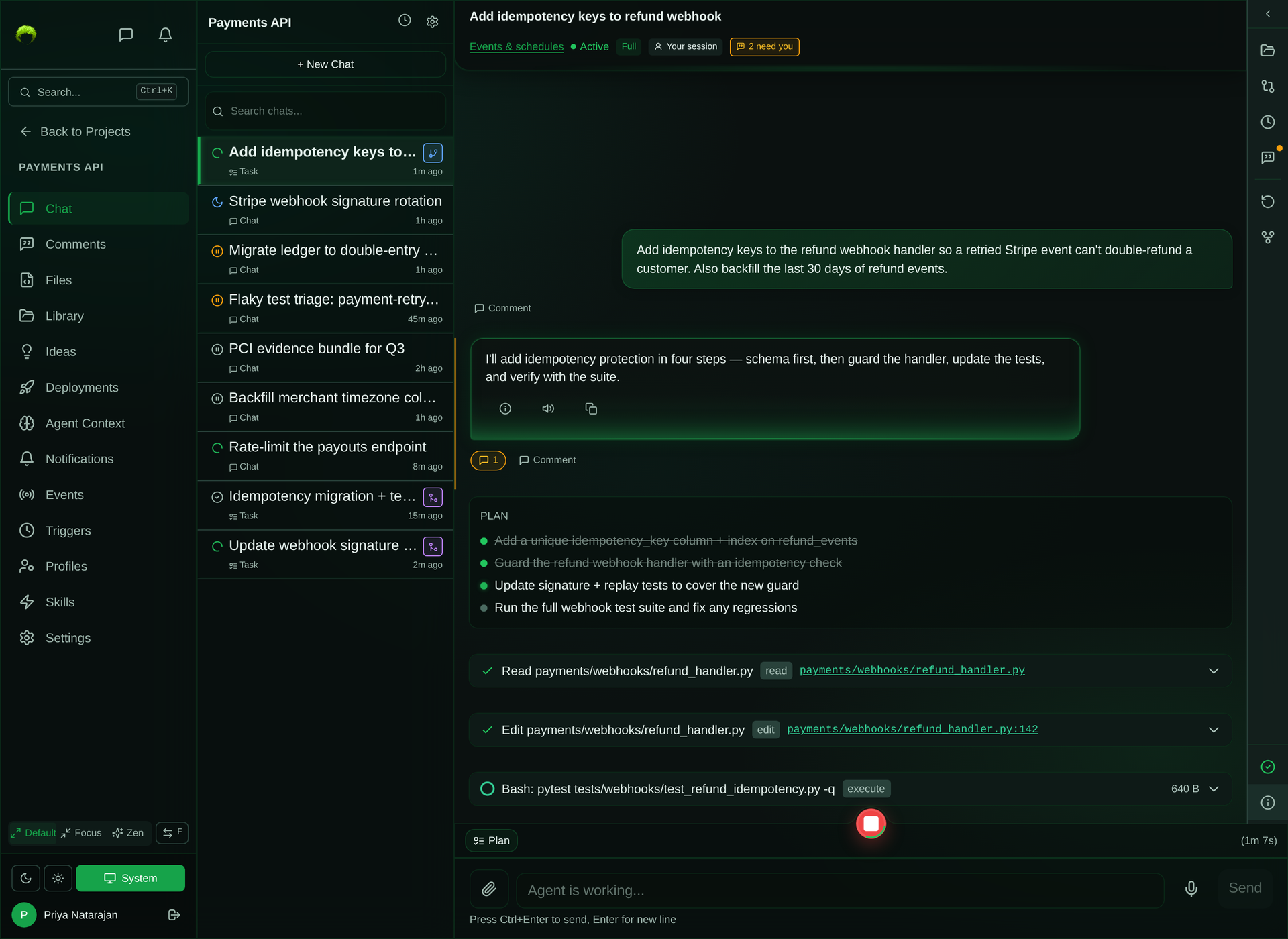 A busy SAM project chat showing a user prompt, the agent’s plan, grouped tool calls, header chips for comments, infrastructure, and task status, a profile bar, and a session sidebar with several topics