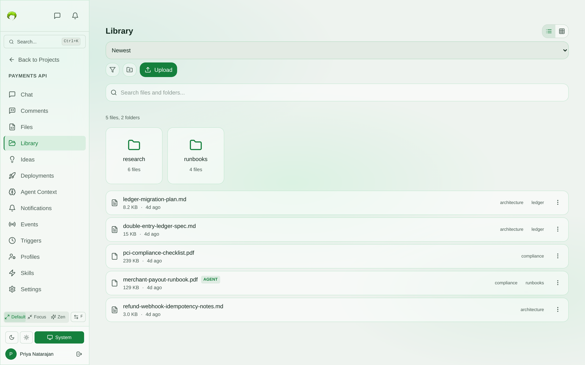 Project Library showing research and runbooks folders, five markdown and PDF files tagged architecture, ledger, compliance, and runbooks, a Newest sort control, search, and an Upload button