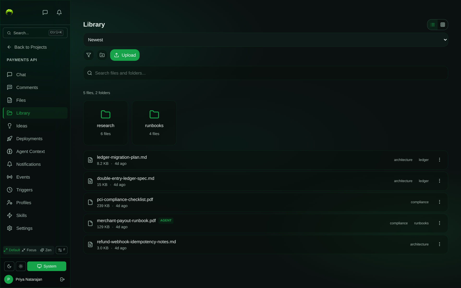 Project Library showing research and runbooks folders, five markdown and PDF files tagged architecture, ledger, compliance, and runbooks, a Newest sort control, search, and an Upload button