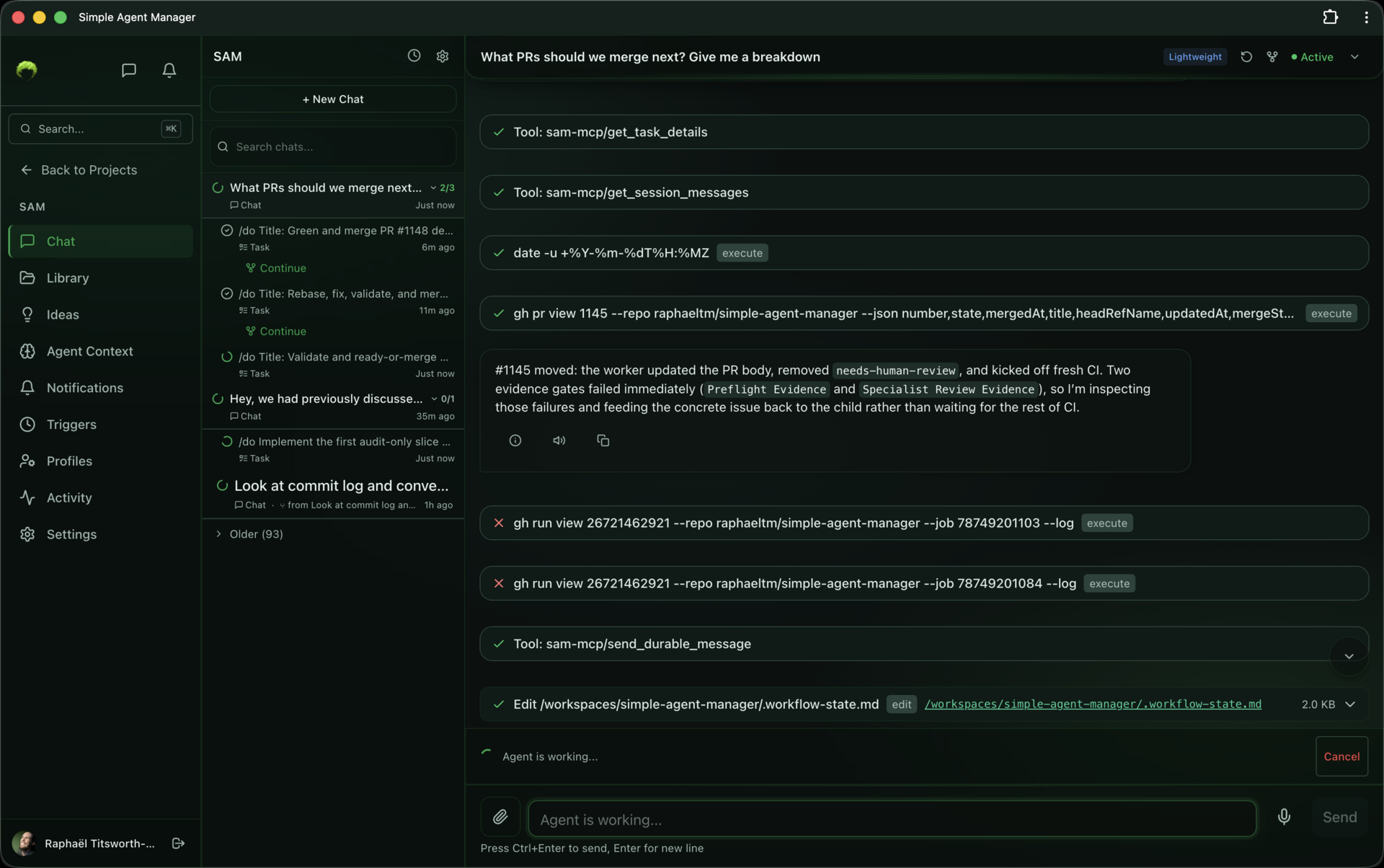 SAM project chat showing an agent working on a task — tool calls, code execution, and real-time progress