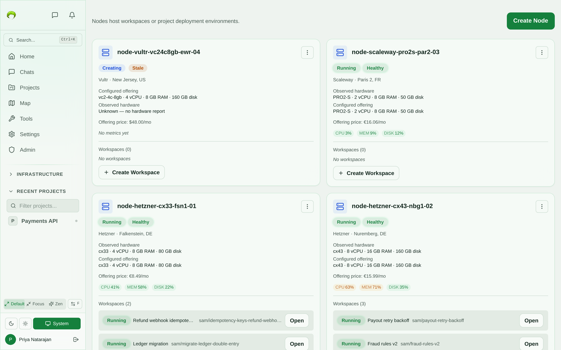 Nodes page listing Hetzner, Scaleway, and Vultr machines side by side with status, health, observed and configured hardware, offering price, CPU, memory, and disk usage, and the workspaces on each