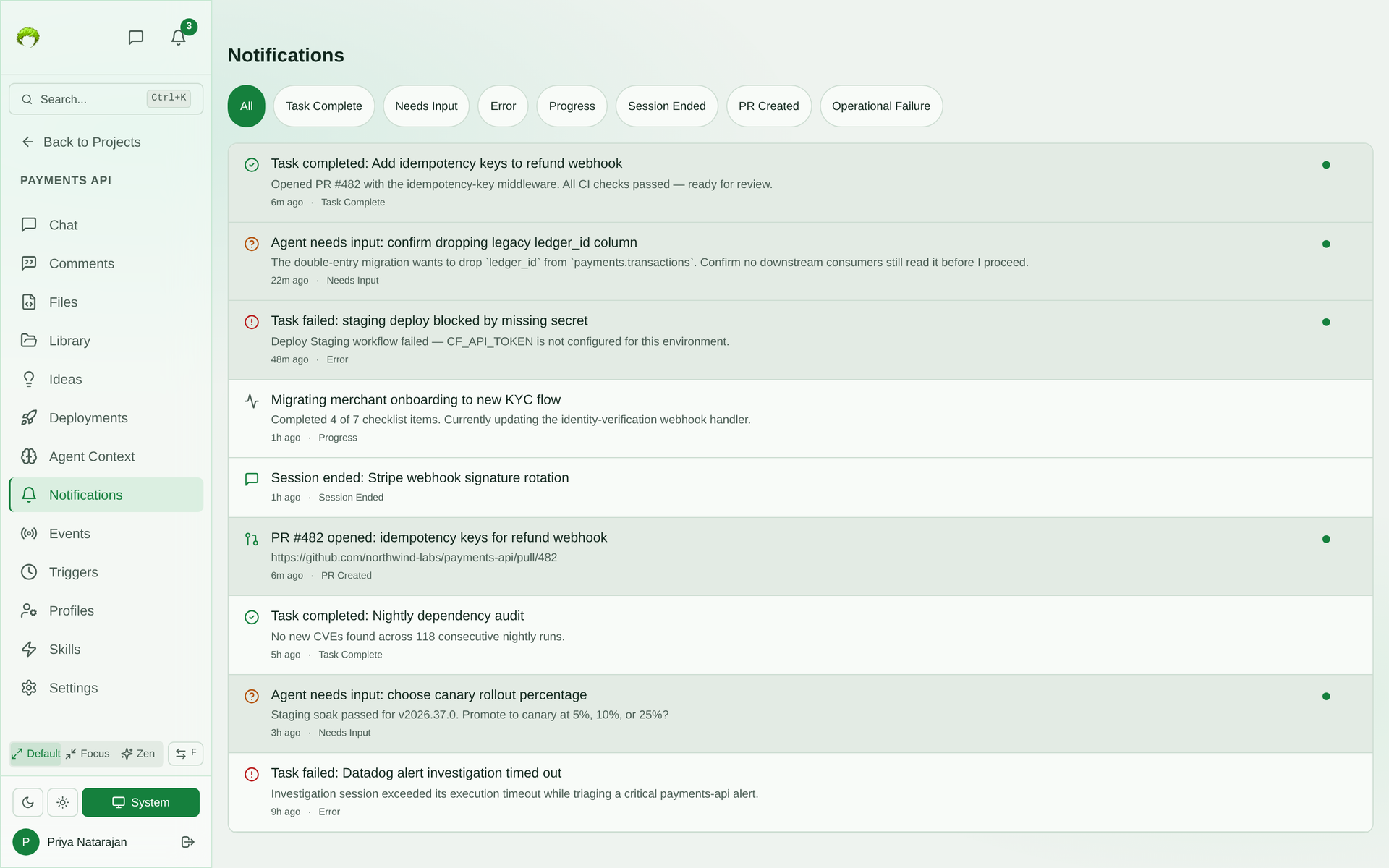 Project notifications feed with filter chips for All, Task Complete, Needs Input, Error, Progress, Session Ended, PR Created, and Operational Failure, listing nine notifications with several unread