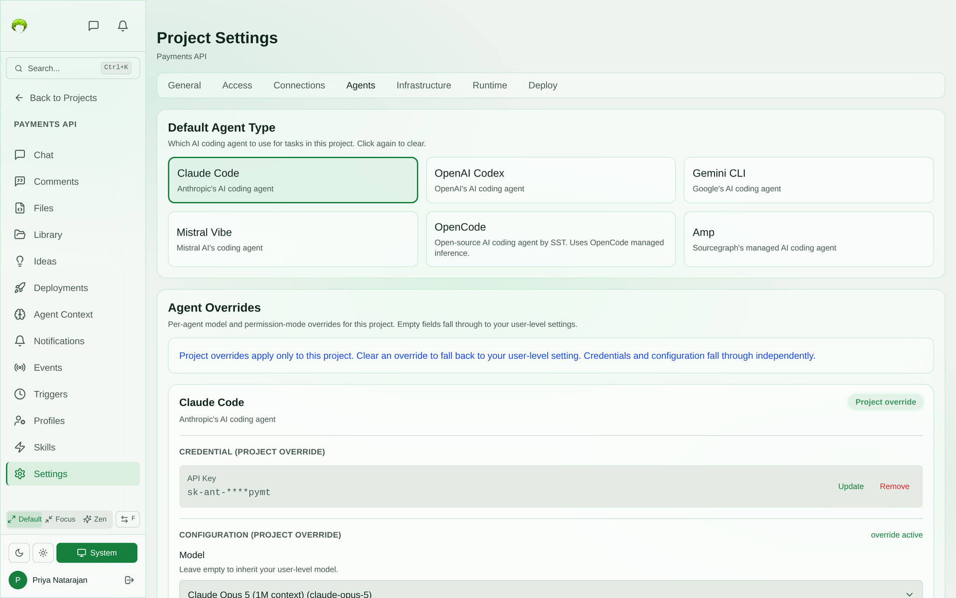 Project Settings Agents tab showing six agent types with Claude Code selected as the default and an Agent Overrides section with a project-level API key and model override
